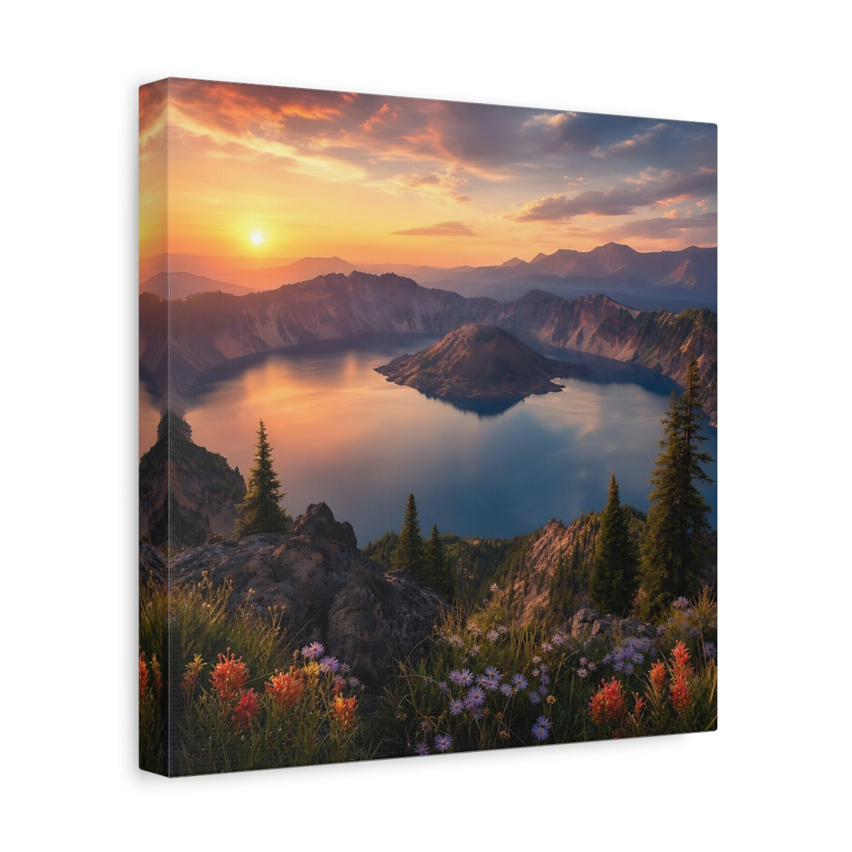 Side Mockup 8. Nature Caldera Lake Sunset Lake shown as stretched canvas wall art