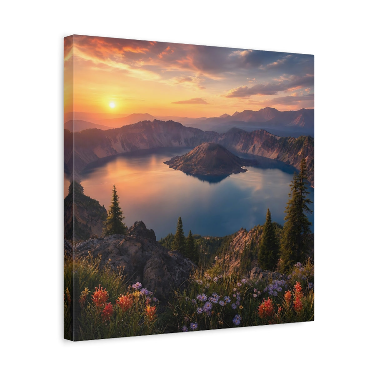 Side Mockup 6. Nature Caldera Lake Sunset Lake shown as stretched canvas wall art