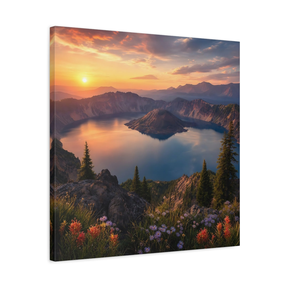 Side Mockup 4. Nature Caldera Lake Sunset Lake shown as stretched canvas wall art