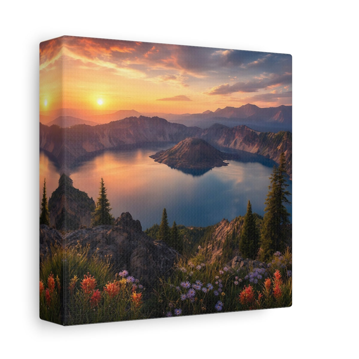 Side Mockup 2. Nature Caldera Lake Sunset Lake shown as stretched canvas wall art