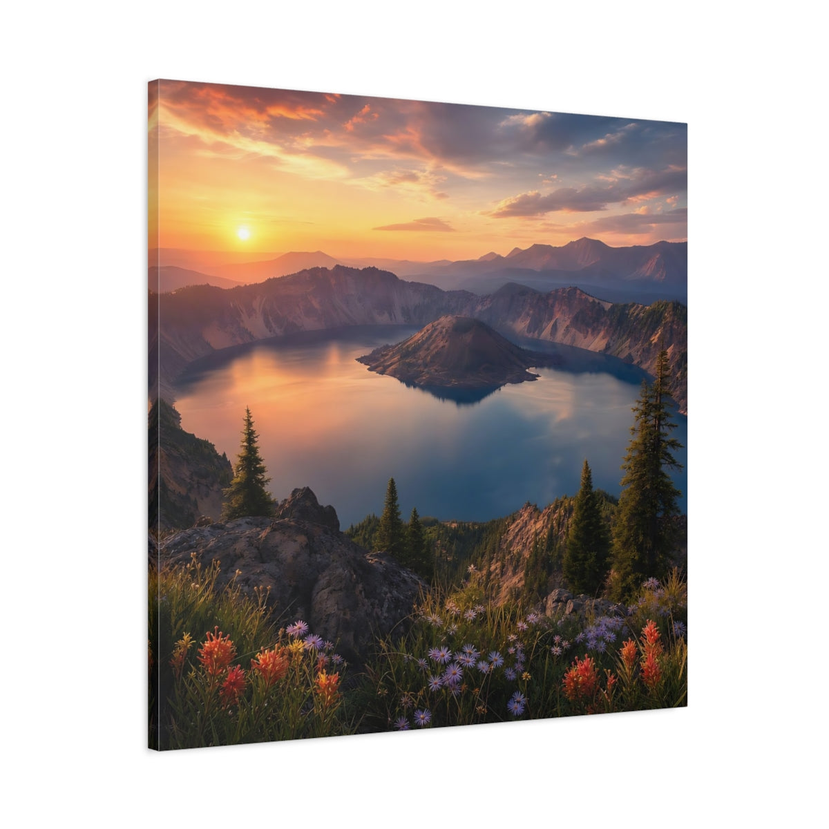 Main Mockup. Nature Caldera Lake Sunset Lake shown as stretched canvas wall art