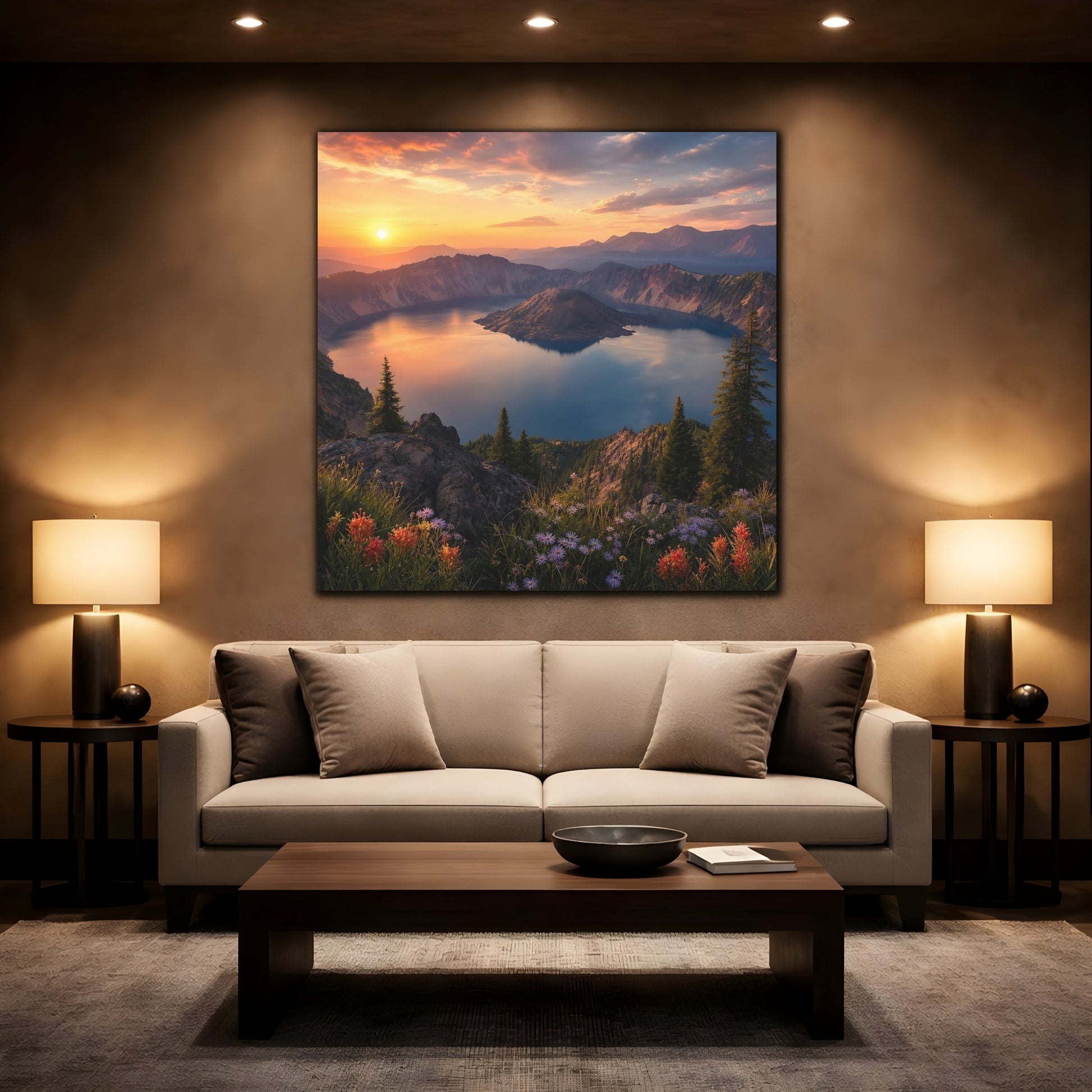 Mockup 2. Nature Caldera Lake Sunset Lake shown as stretched canvas wall art
