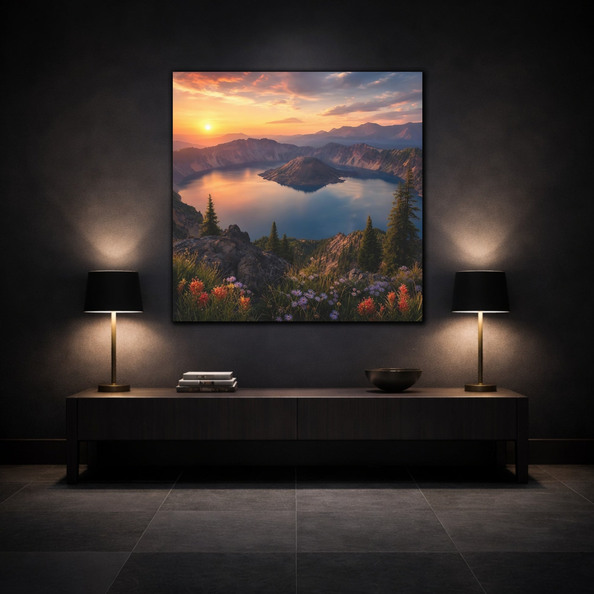 Mockup 3. Nature Caldera Lake Sunset Lake shown as stretched canvas wall art