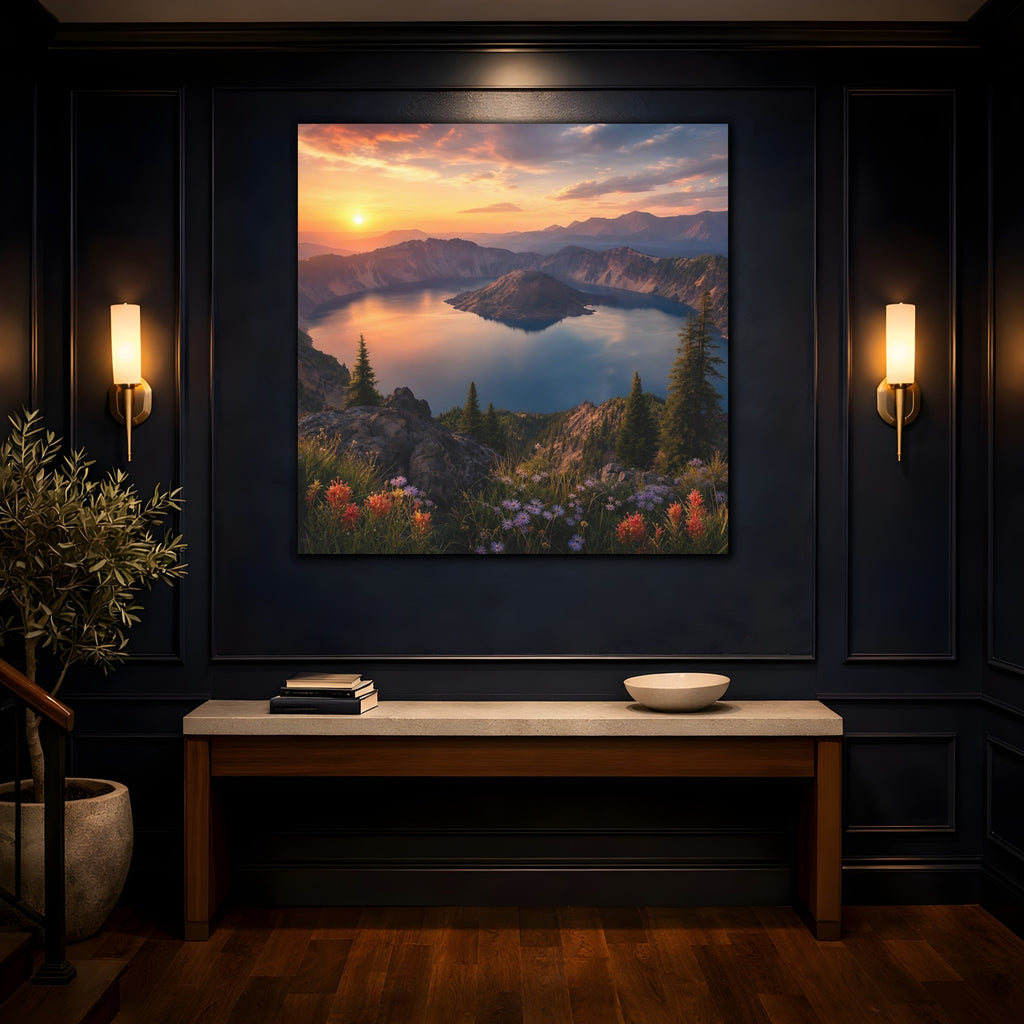 Mockup 4. Nature Caldera Lake Sunset Lake shown as stretched canvas wall art