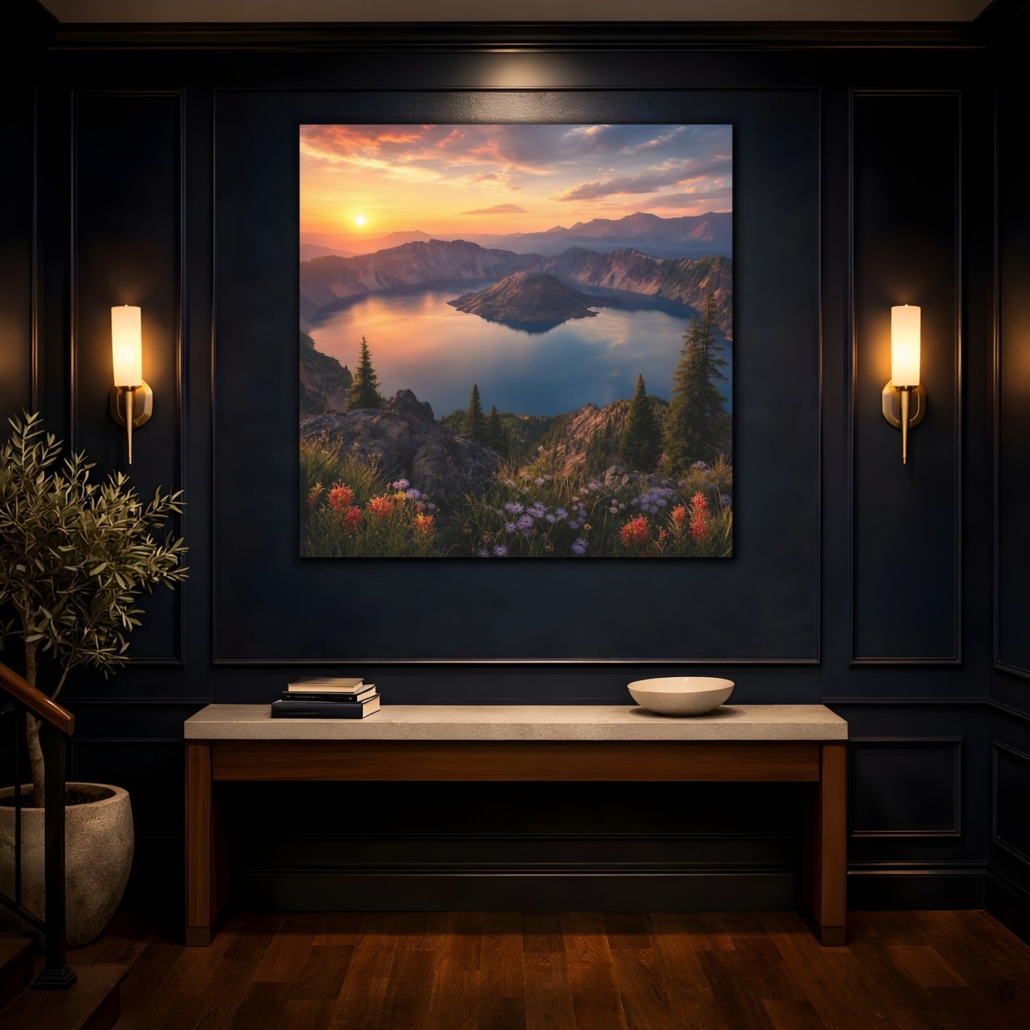 Mockup 4. Nature Caldera Lake Sunset Lake shown as stretched canvas wall art