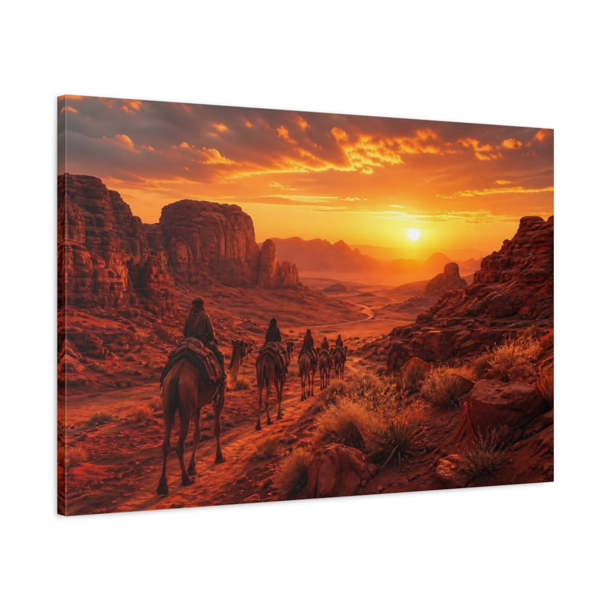 Main Mockup. Nature Camel Caravan Desert Sunset shown as stretched canvas wall art