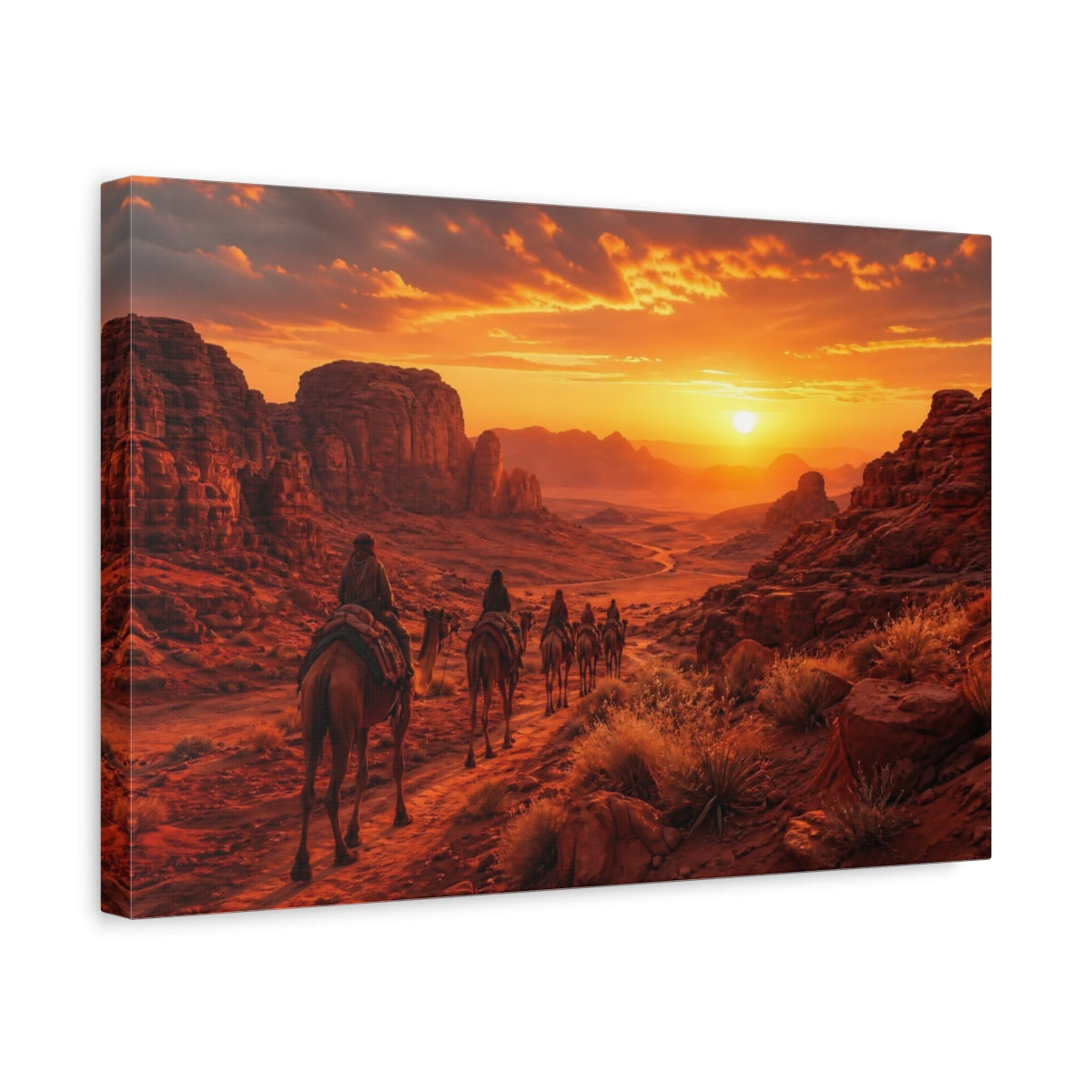 Side Mockup 4. Nature Camel Caravan Desert Sunset shown as stretched canvas wall art