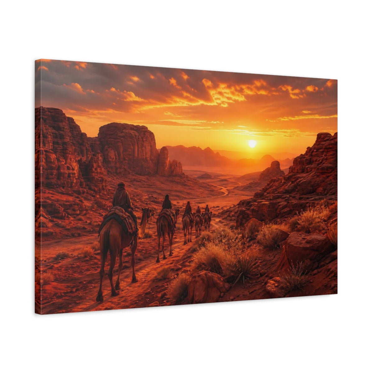 Side Mockup 2. Nature Camel Caravan Desert Sunset shown as stretched canvas wall art