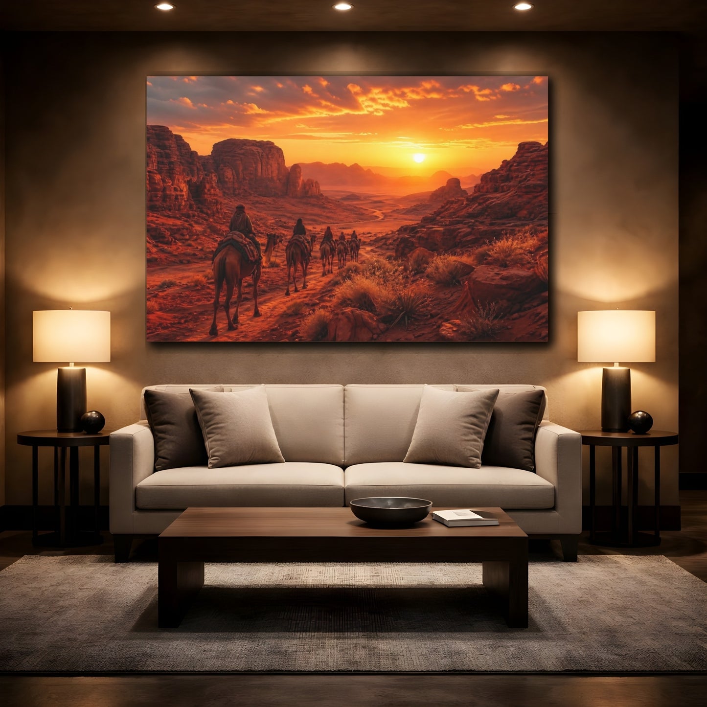 Mockup 2. Nature Camel Caravan Desert Sunset shown as stretched canvas wall art