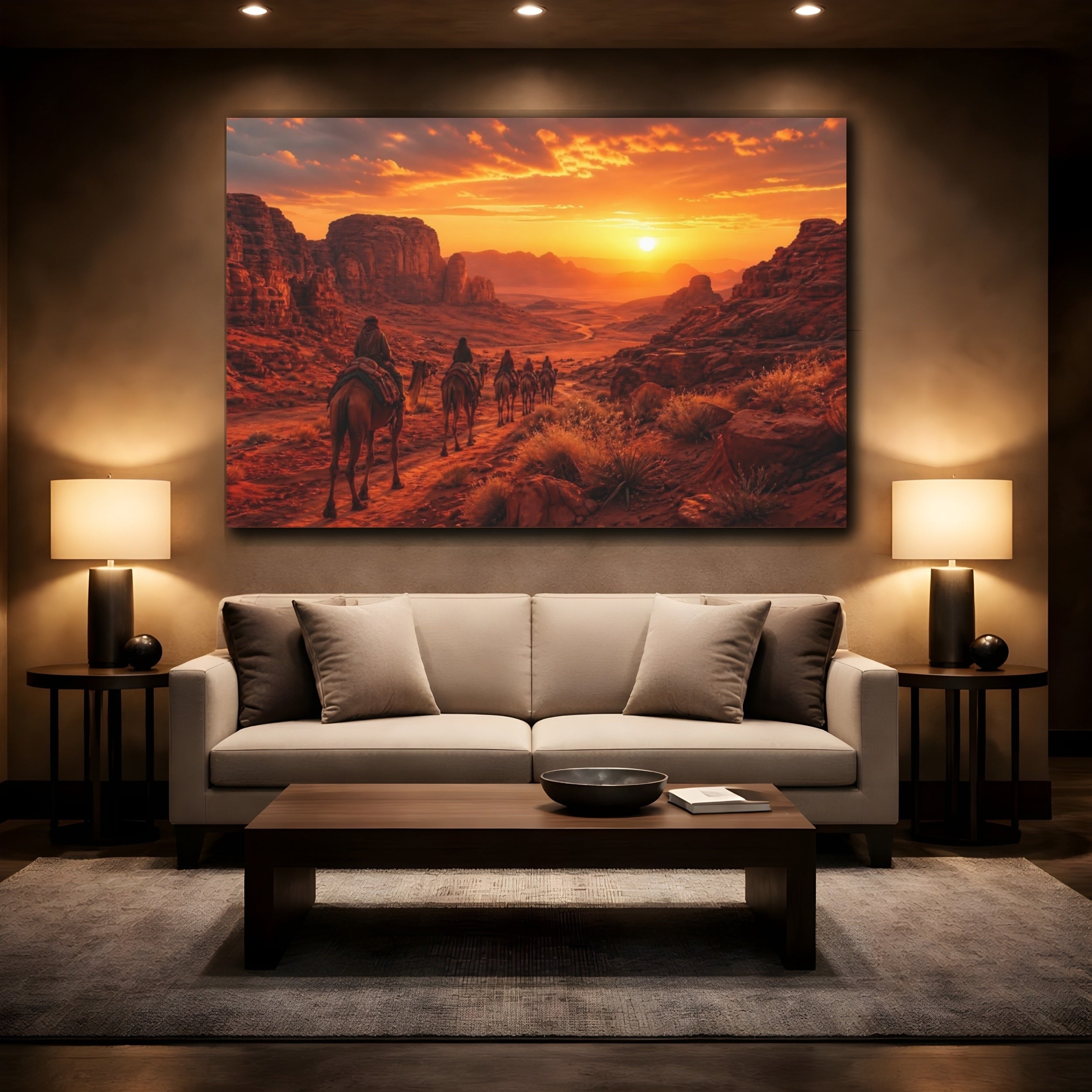Mockup 2. Nature Camel Caravan Desert Sunset shown as stretched canvas wall art