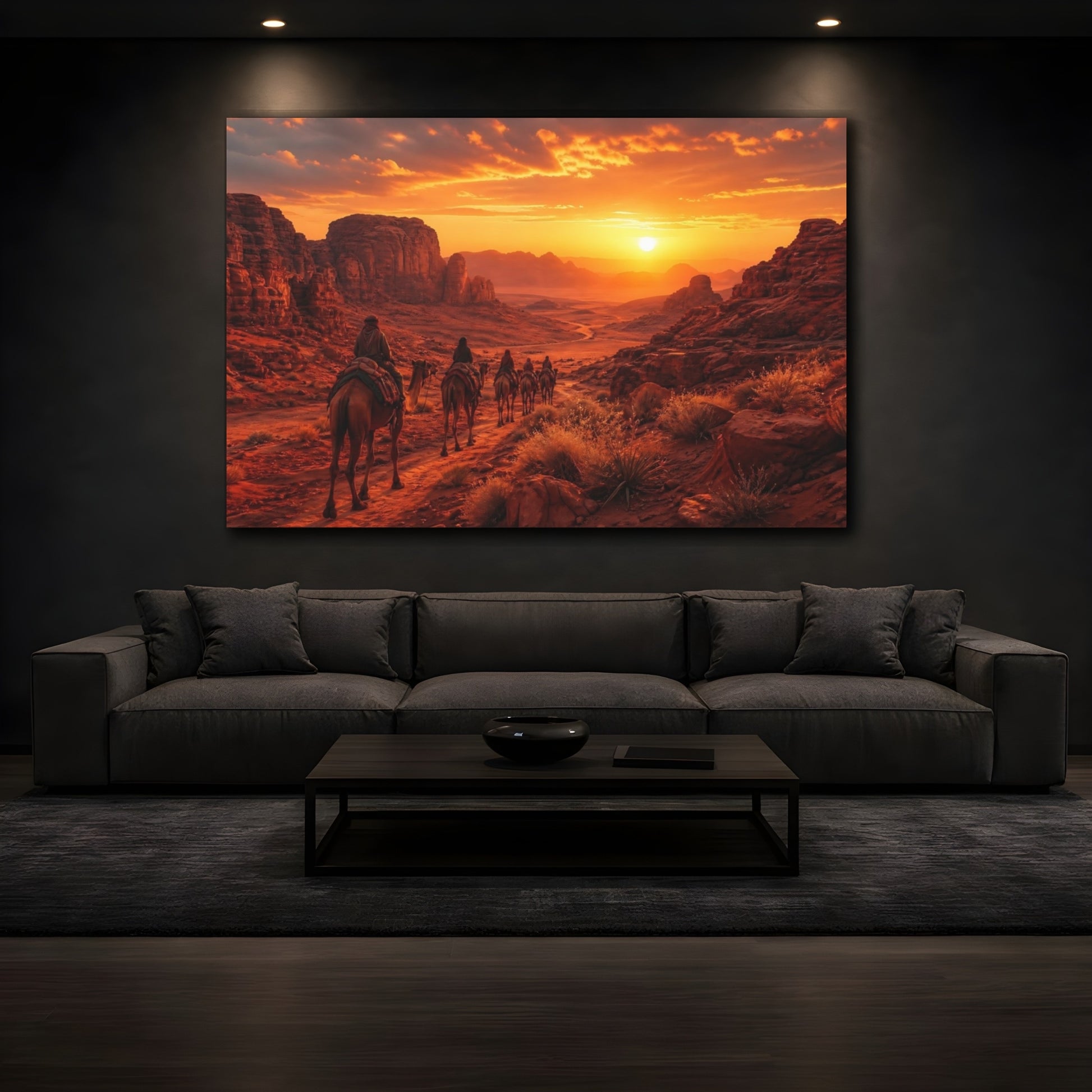 Mockup 3. Nature Camel Caravan Desert Sunset shown as stretched canvas wall art