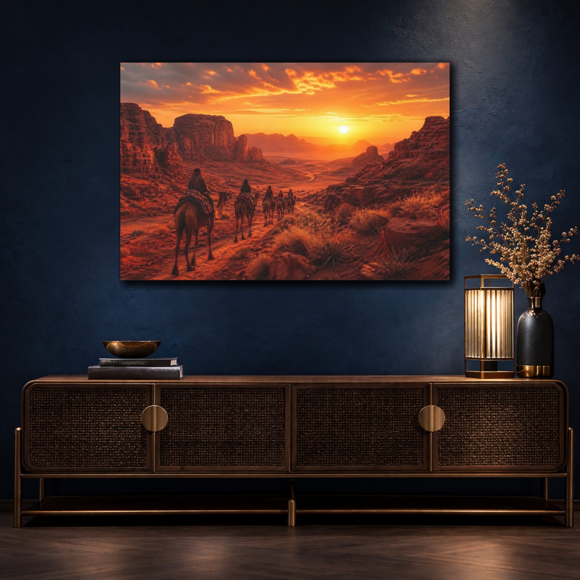 Mockup 4. Nature Camel Caravan Desert Sunset shown as stretched canvas wall art
