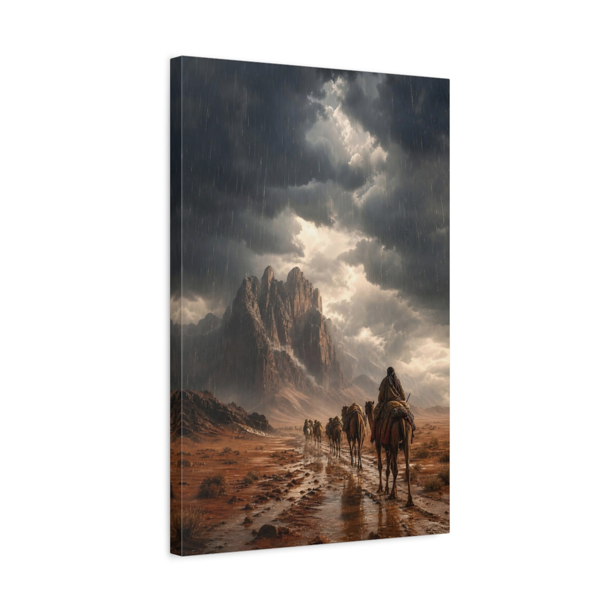 Side Mockup 3. Nature Camel Caravan Earthy Gray shown as stretched canvas wall art