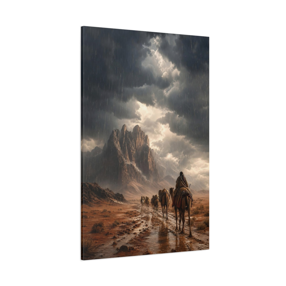 Side Mockup 1. Nature Camel Caravan Earthy Gray shown as stretched canvas wall art