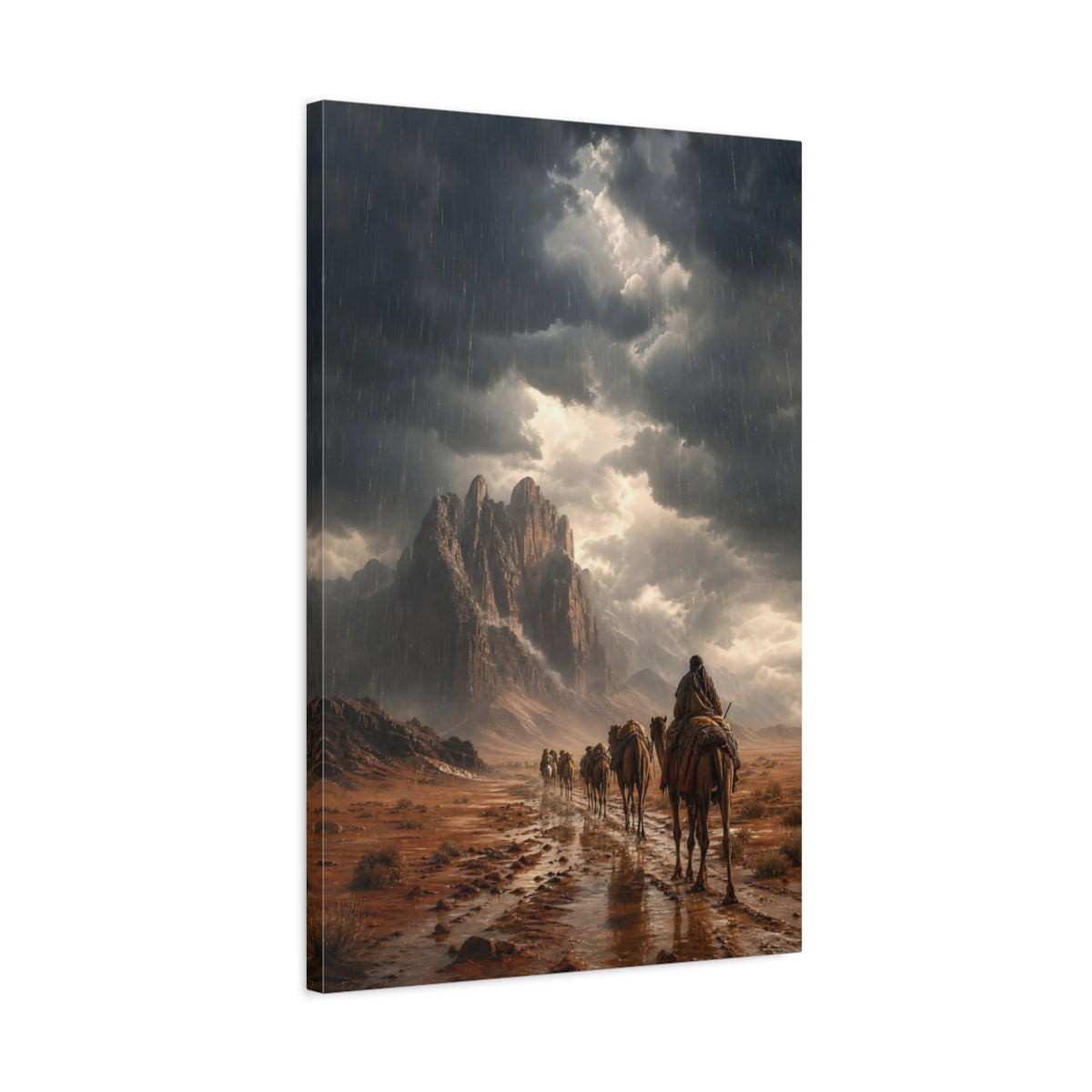 Side Mockup 2. Nature Camel Caravan Earthy Gray shown as stretched canvas wall art
