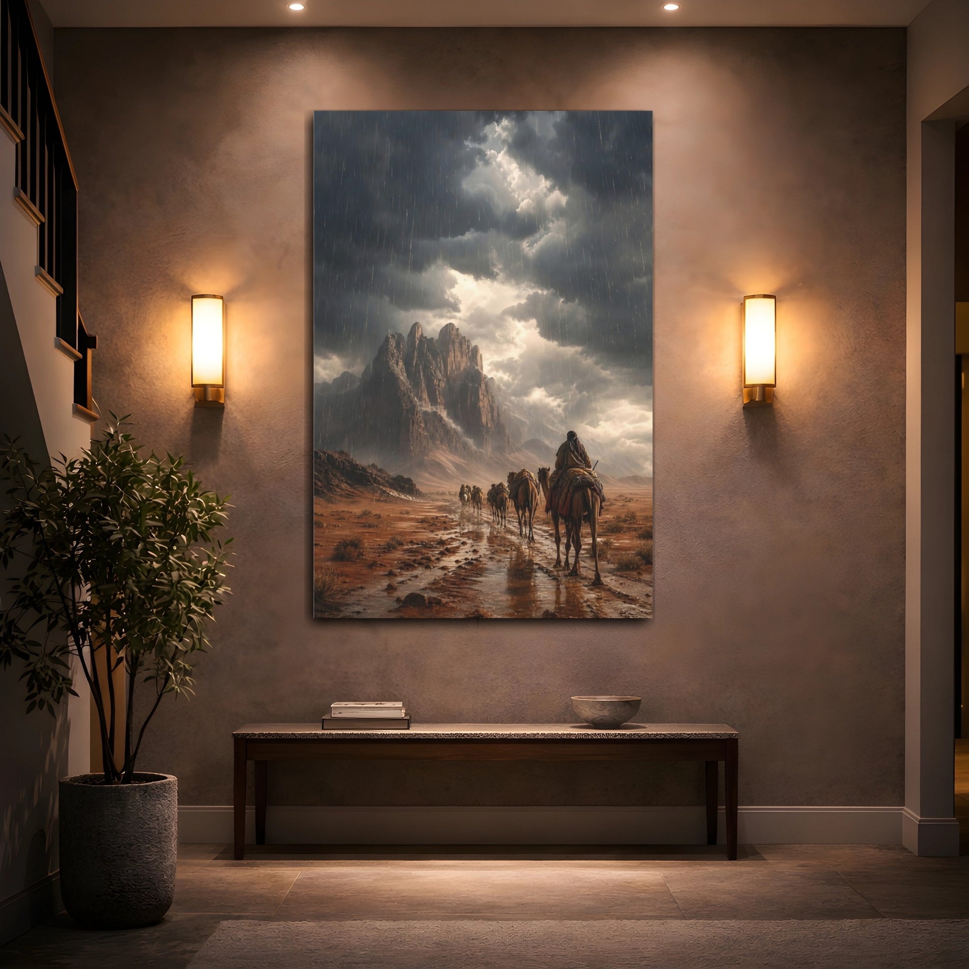 Mockup 2. Nature Camel Caravan Earthy Gray shown as stretched canvas wall art