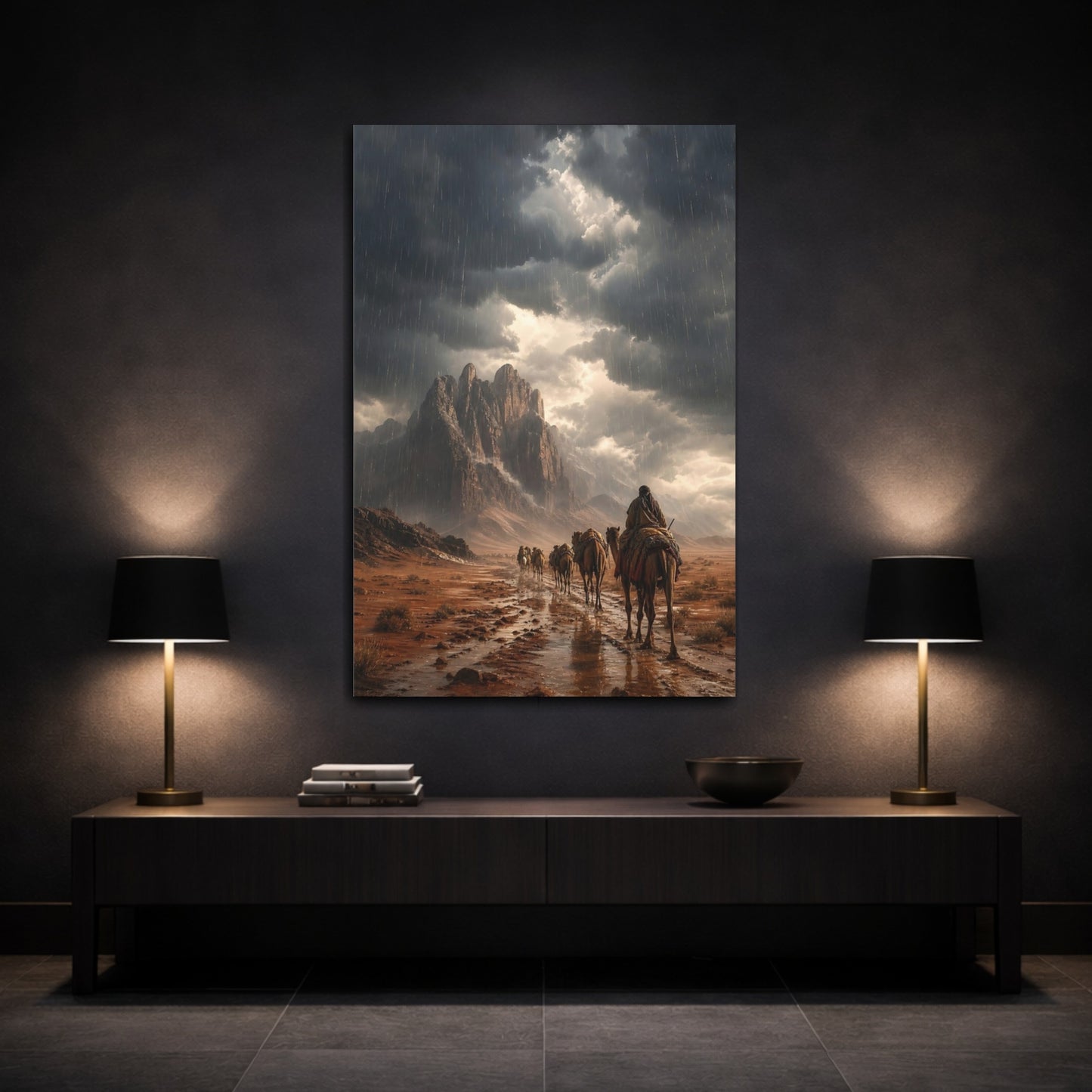 Mockup 3. Nature Camel Caravan Earthy Gray shown as stretched canvas wall art