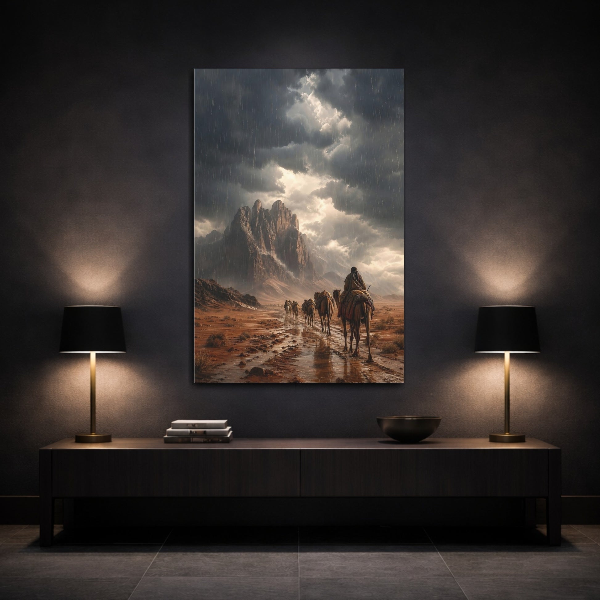 Mockup 3. Nature Camel Caravan Earthy Gray shown as stretched canvas wall art
