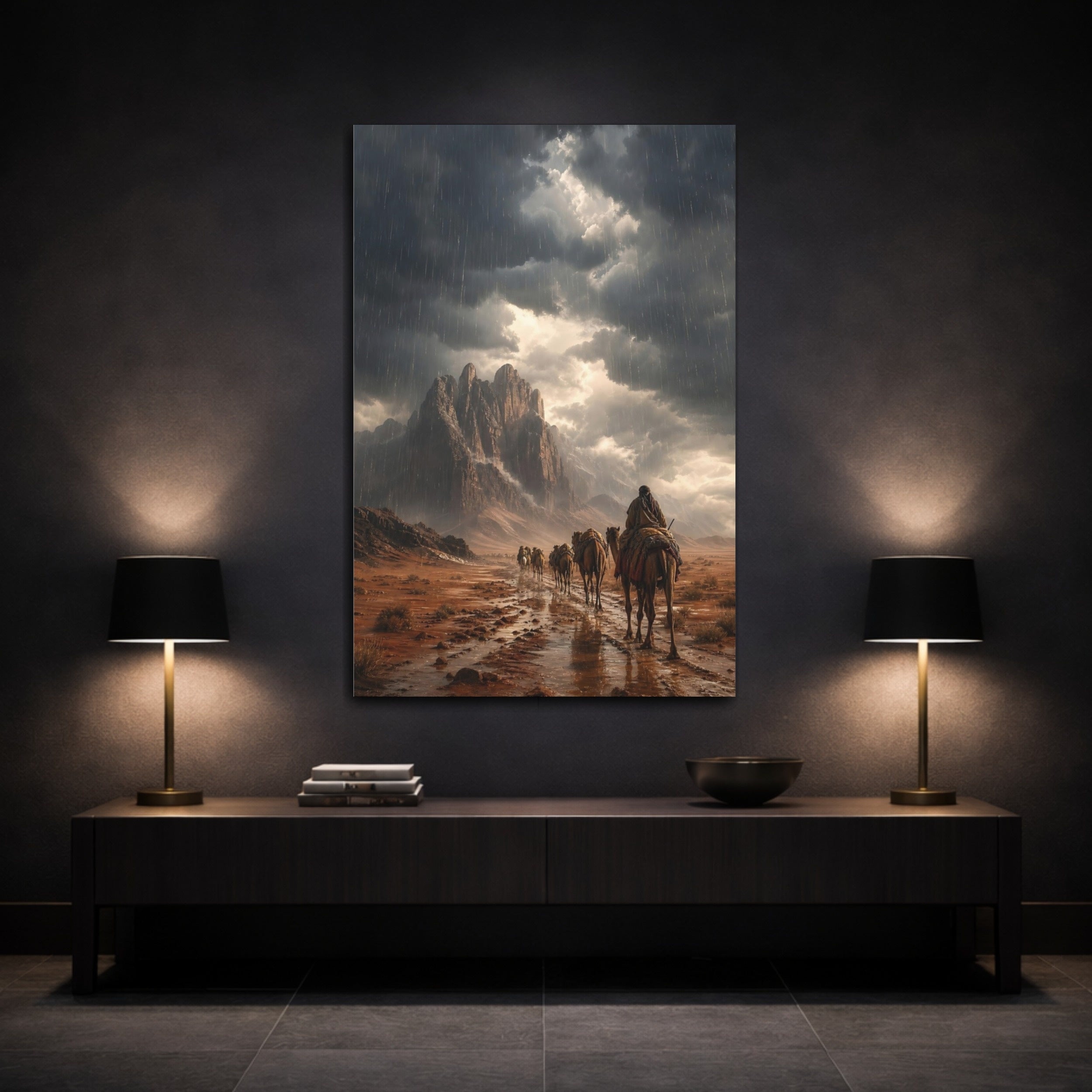 Mockup 3. Nature Camel Caravan Earthy Gray shown as stretched canvas wall art
