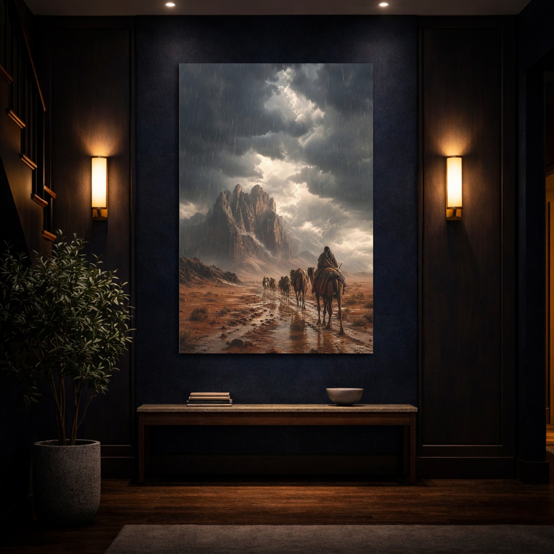 Mockup 4. Nature Camel Caravan Earthy Gray shown as stretched canvas wall art