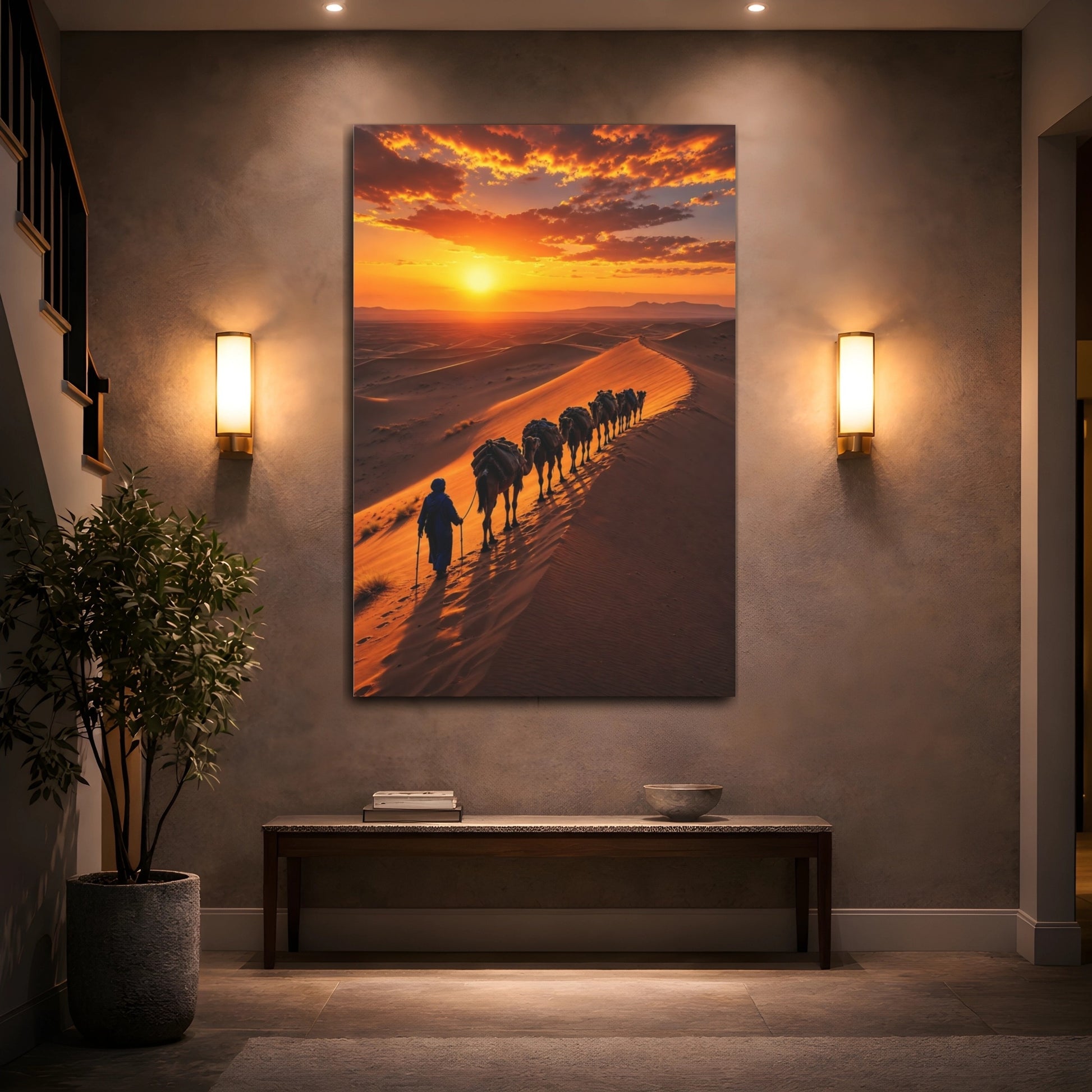 Mockup 2. Nature Camel Caravan Orange And Brown shown as stretched canvas wall art