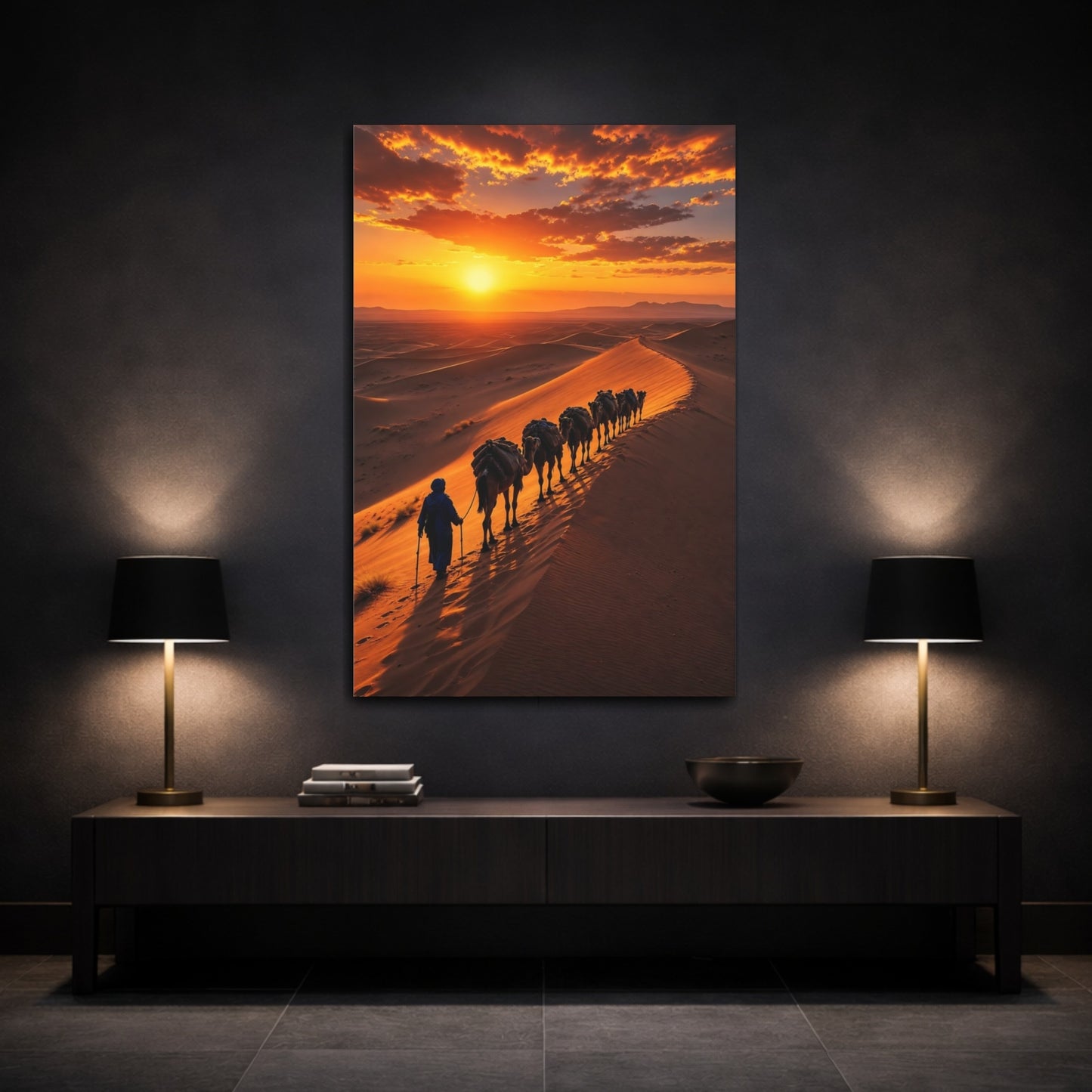 Mockup 3. Nature Camel Caravan Orange And Brown shown as stretched canvas wall art
