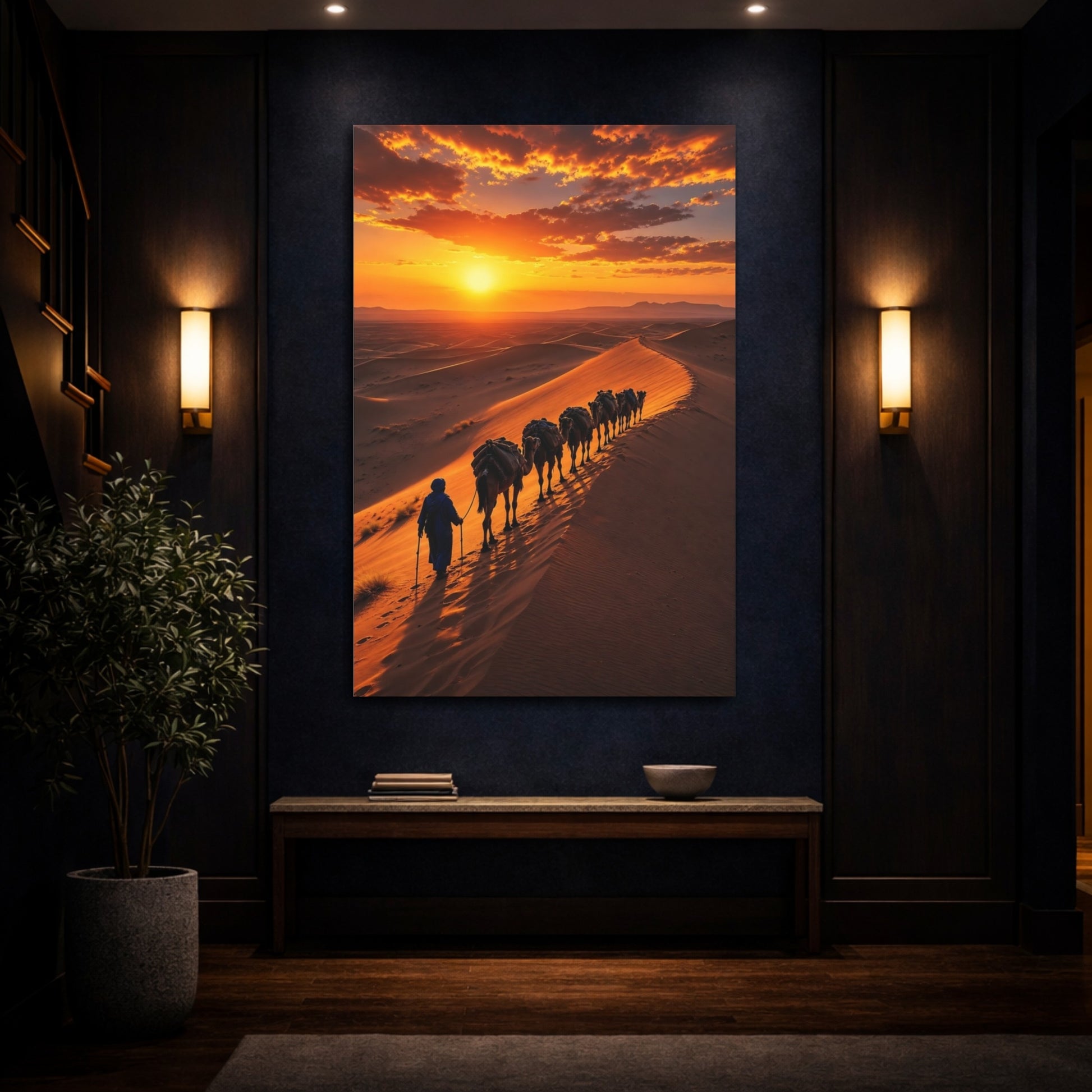 Mockup 4. Nature Camel Caravan Orange And Brown shown as stretched canvas wall art