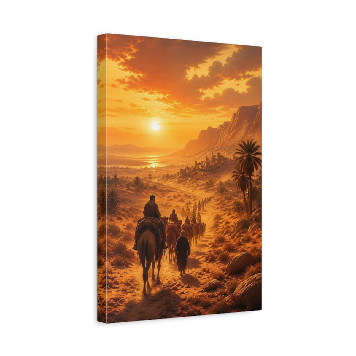 Side Mockup 4. Nature Camel Caravan Orange Desert shown as stretched canvas wall art