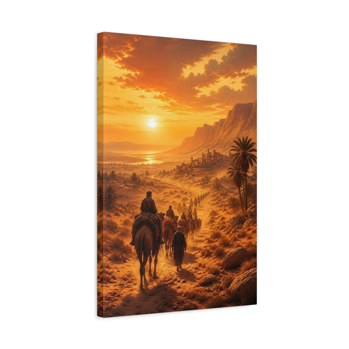 Side Mockup 3. Nature Camel Caravan Orange Desert shown as stretched canvas wall art