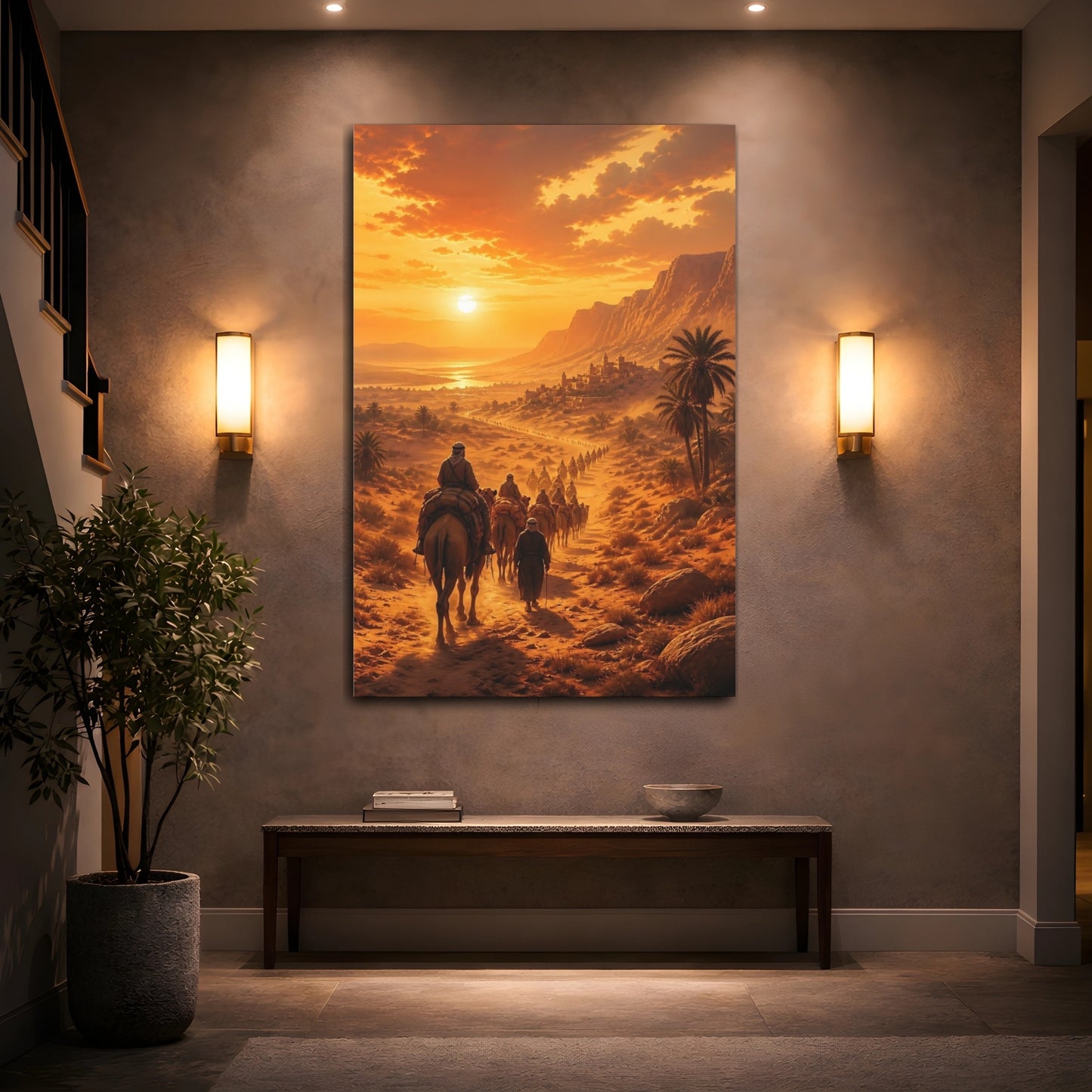 Mockup 2. Nature Camel Caravan Orange Desert shown as stretched canvas wall art