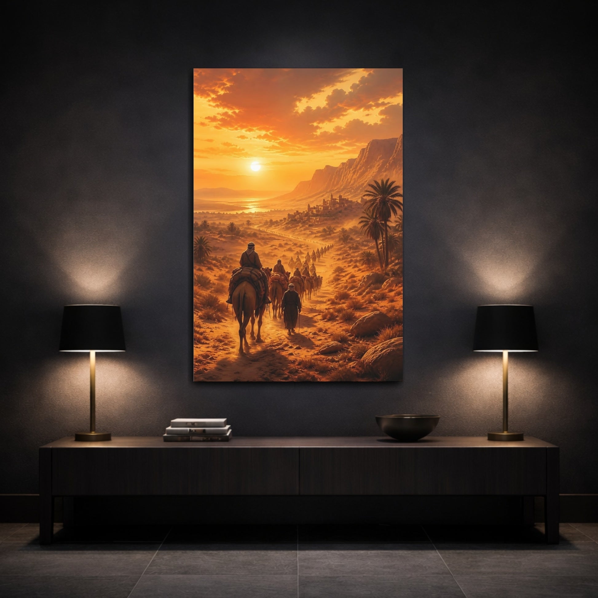 Mockup 3. Nature Camel Caravan Orange Desert shown as stretched canvas wall art
