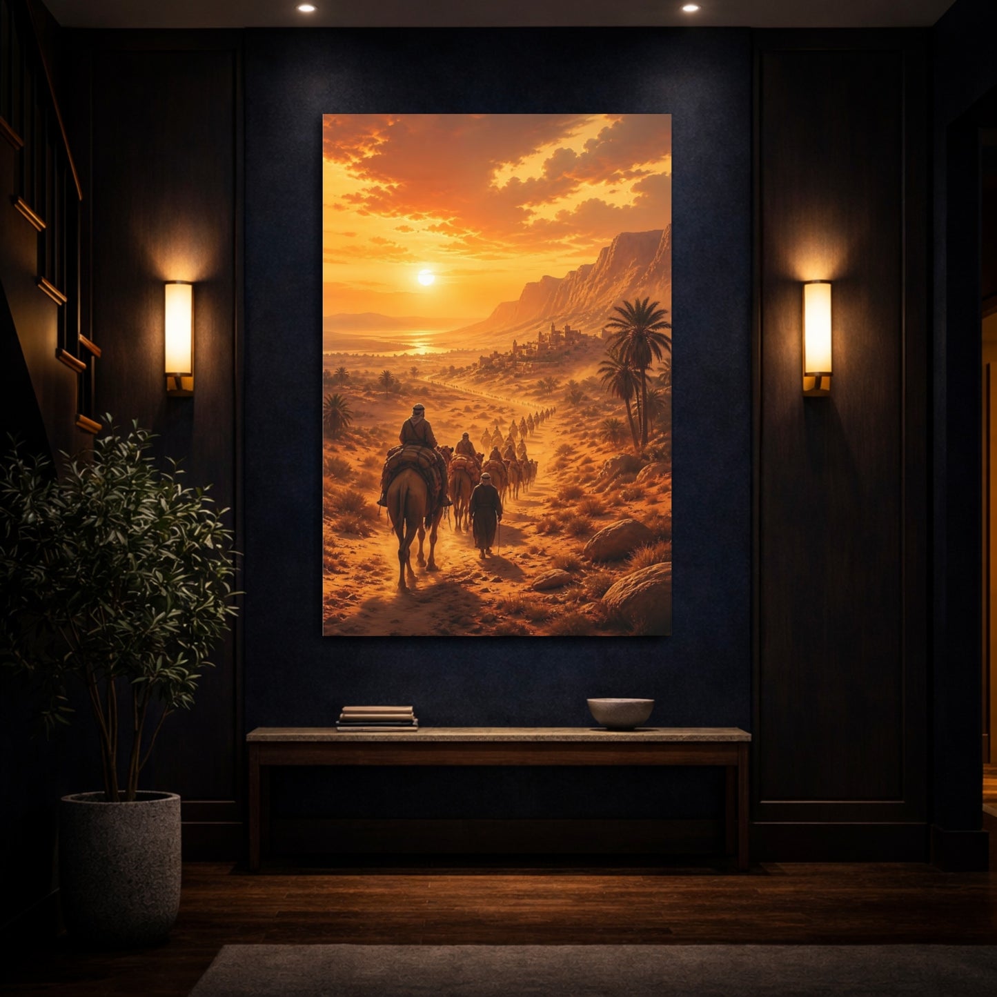 Mockup 4. Nature Camel Caravan Orange Desert shown as stretched canvas wall art
