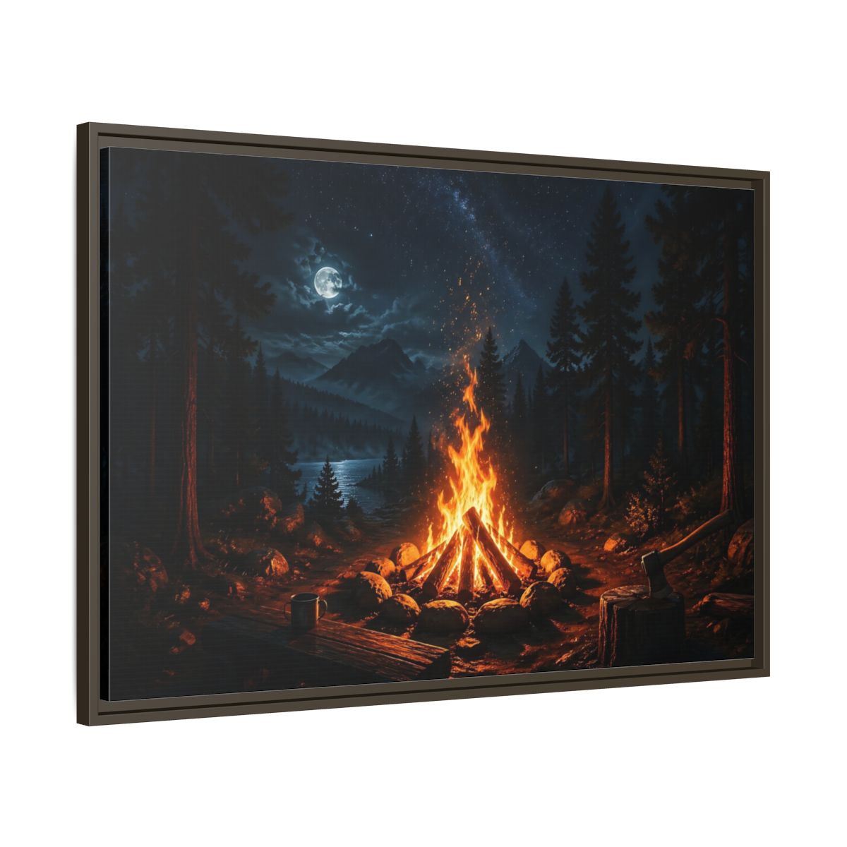 Main Mockup. Nature Campfire Campfire Night Scene shown as stretched canvas wall art