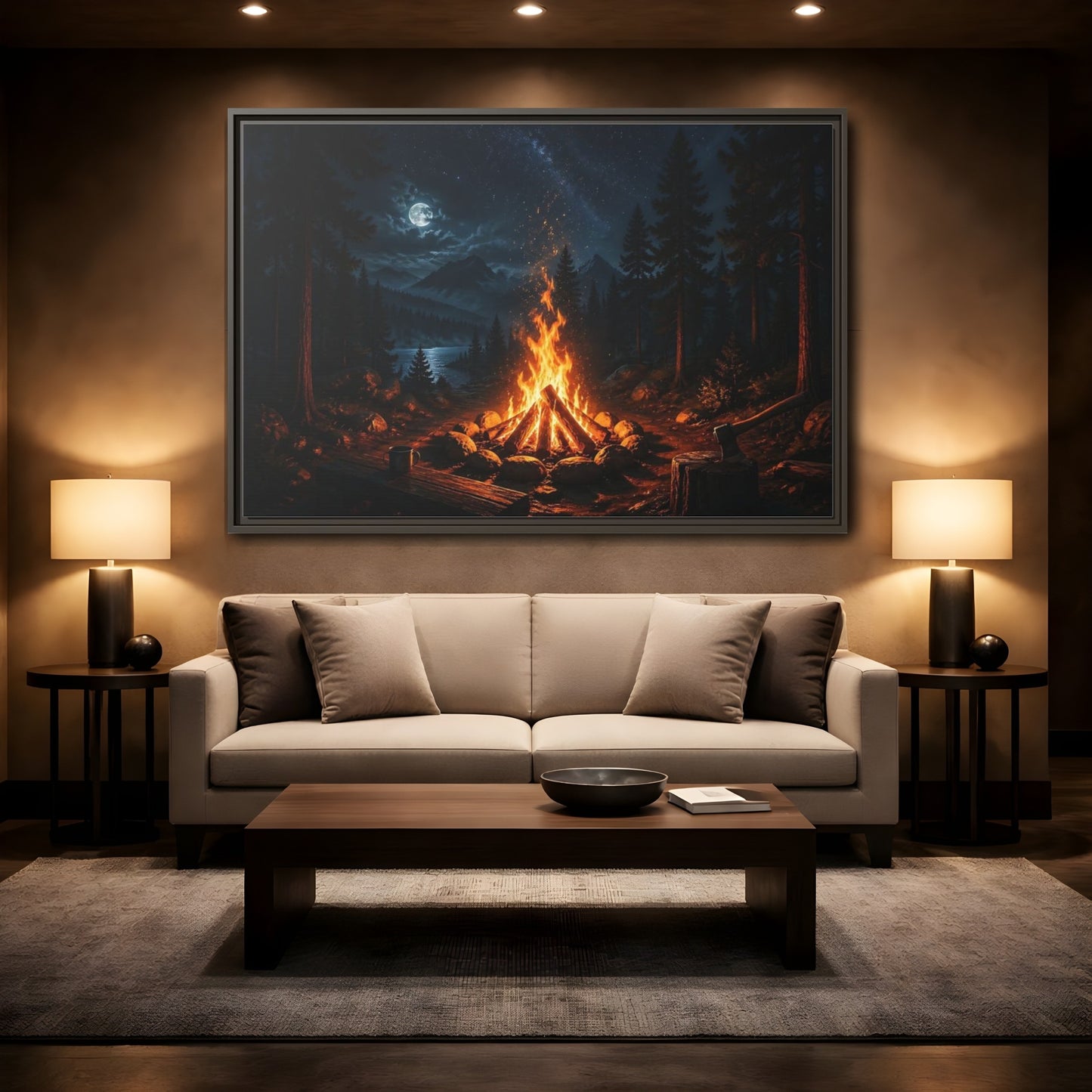 Mockup 2. Nature Campfire Campfire Night Scene shown as stretched canvas wall art