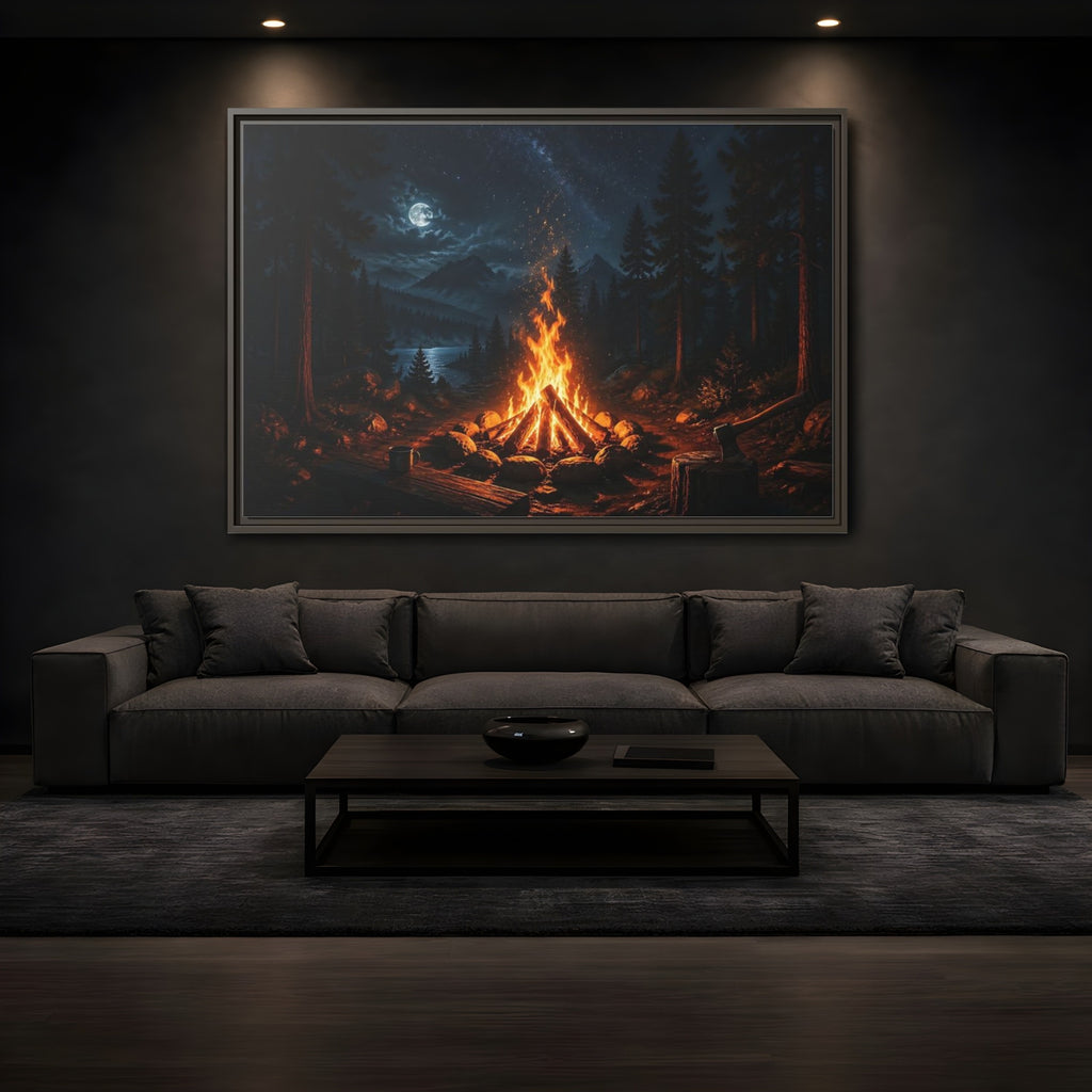 Mockup 3. Nature Campfire Campfire Night Scene shown as stretched canvas wall art