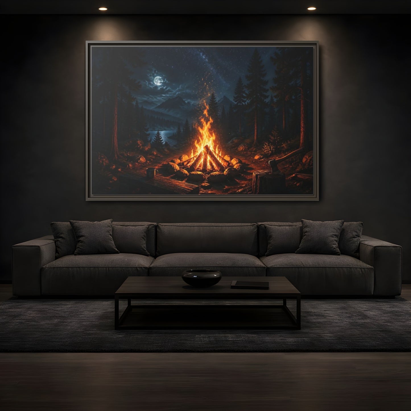 Mockup 3. Nature Campfire Campfire Night Scene shown as stretched canvas wall art
