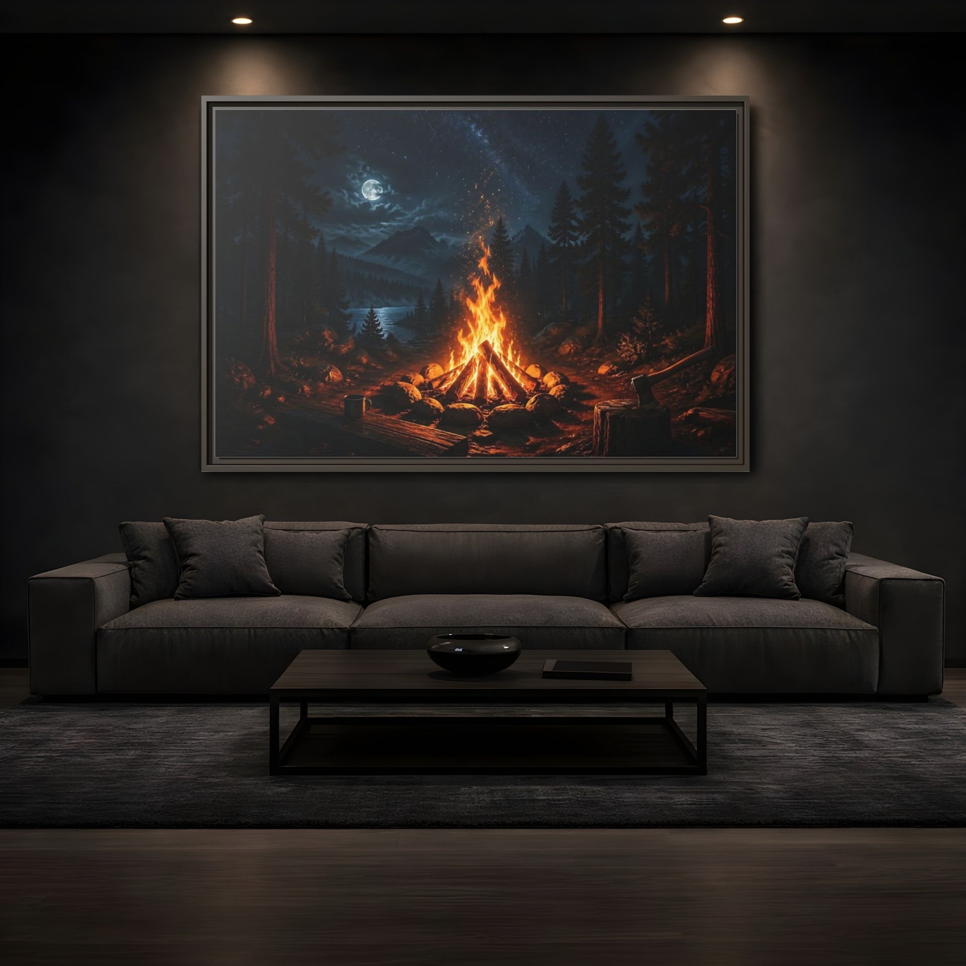 Mockup 3. Nature Campfire Campfire Night Scene shown as stretched canvas wall art