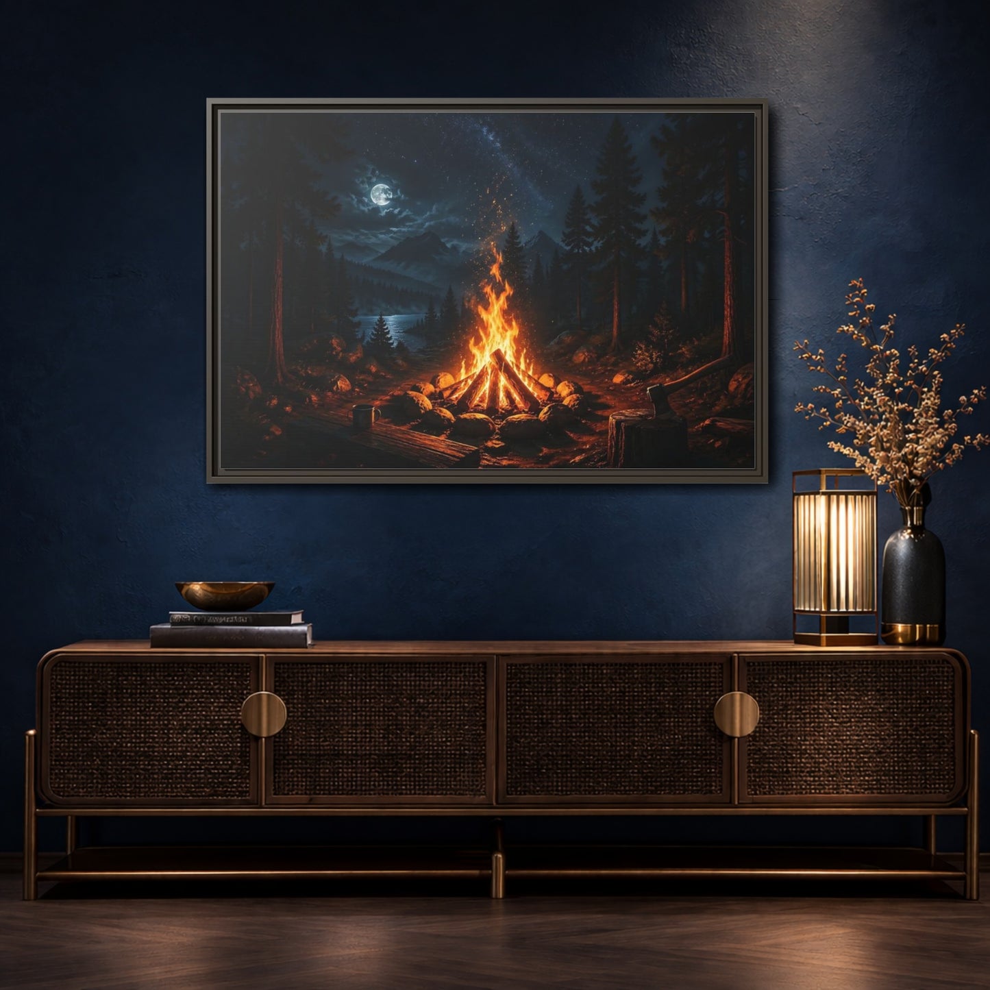 Mockup 4. Nature Campfire Campfire Night Scene shown as stretched canvas wall art