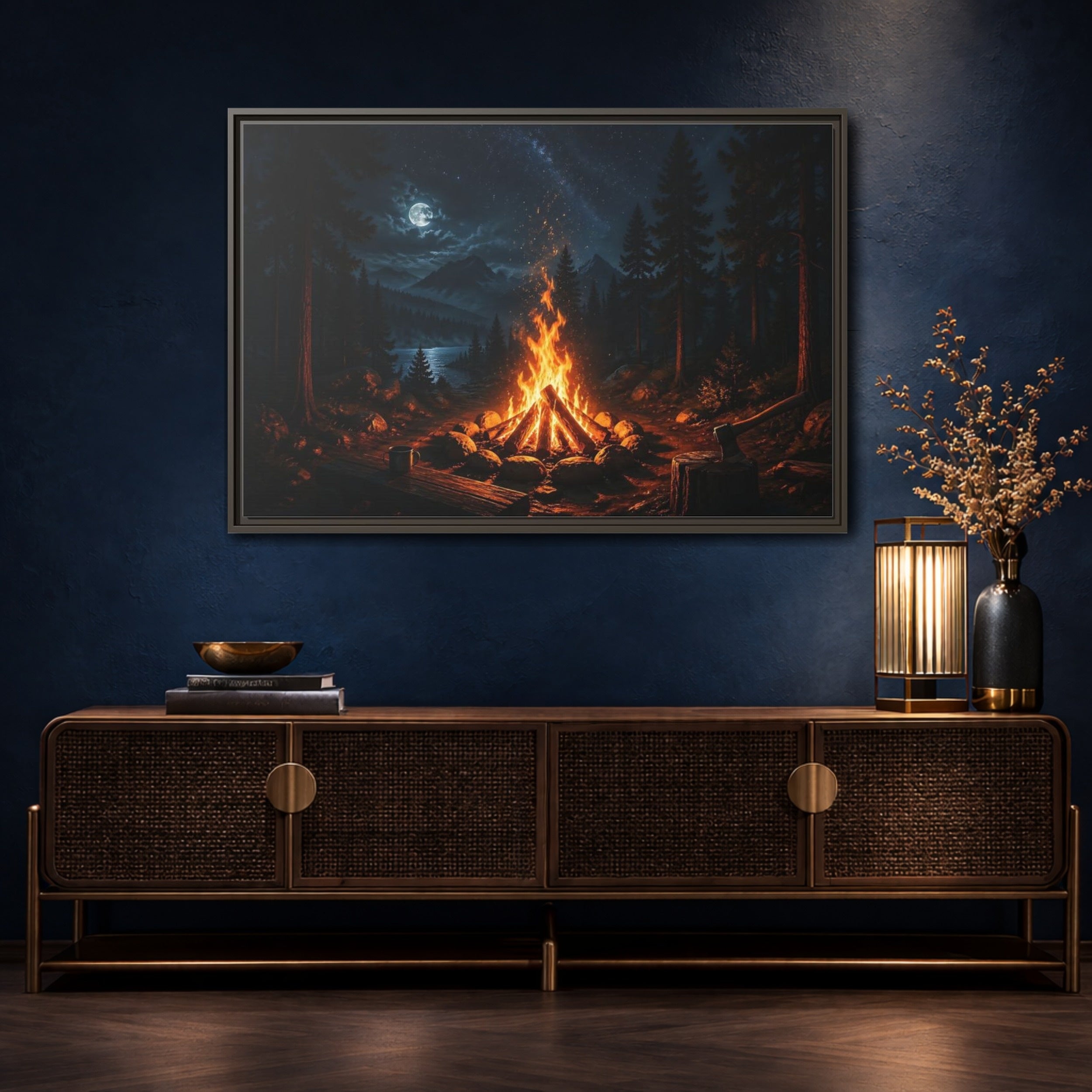 Mockup 4. Nature Campfire Campfire Night Scene shown as stretched canvas wall art