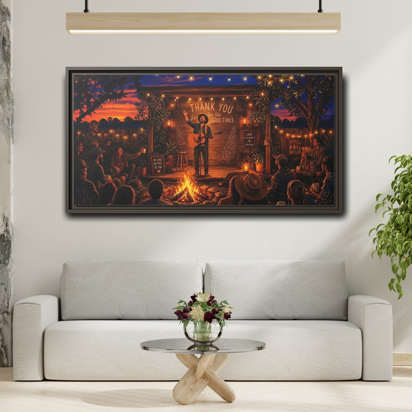 Mockup 2. Nature Campfire Concert Rustic Campfire Night shown as framed canvas print