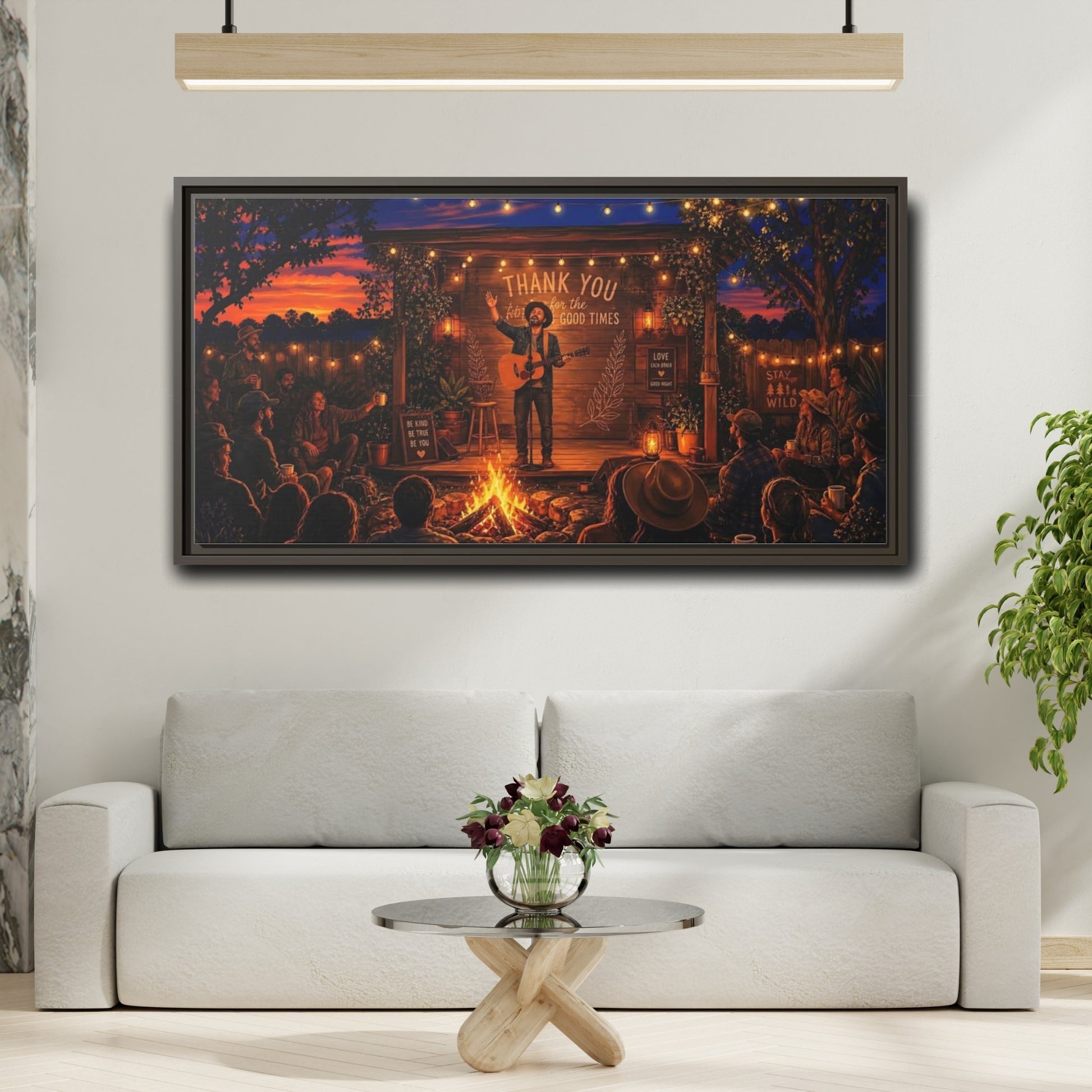 Mockup 2. Nature Campfire Concert Rustic Campfire Night shown as framed canvas print
