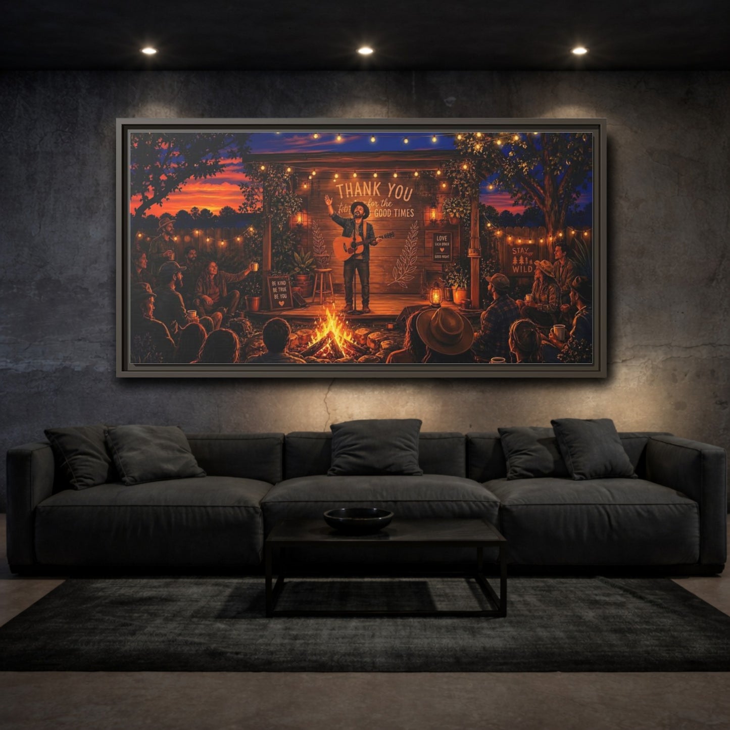 Mockup 3. Nature Campfire Concert Rustic Campfire Night shown as framed canvas print