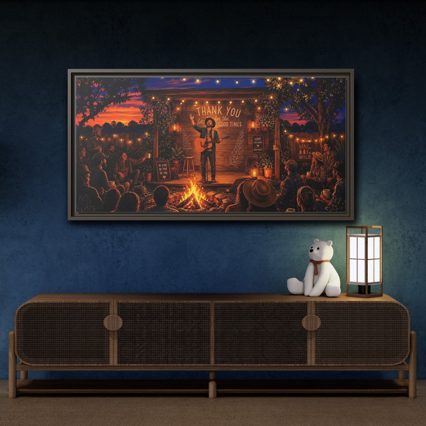 Mockup 4. Nature Campfire Concert Rustic Campfire Night shown as framed canvas print