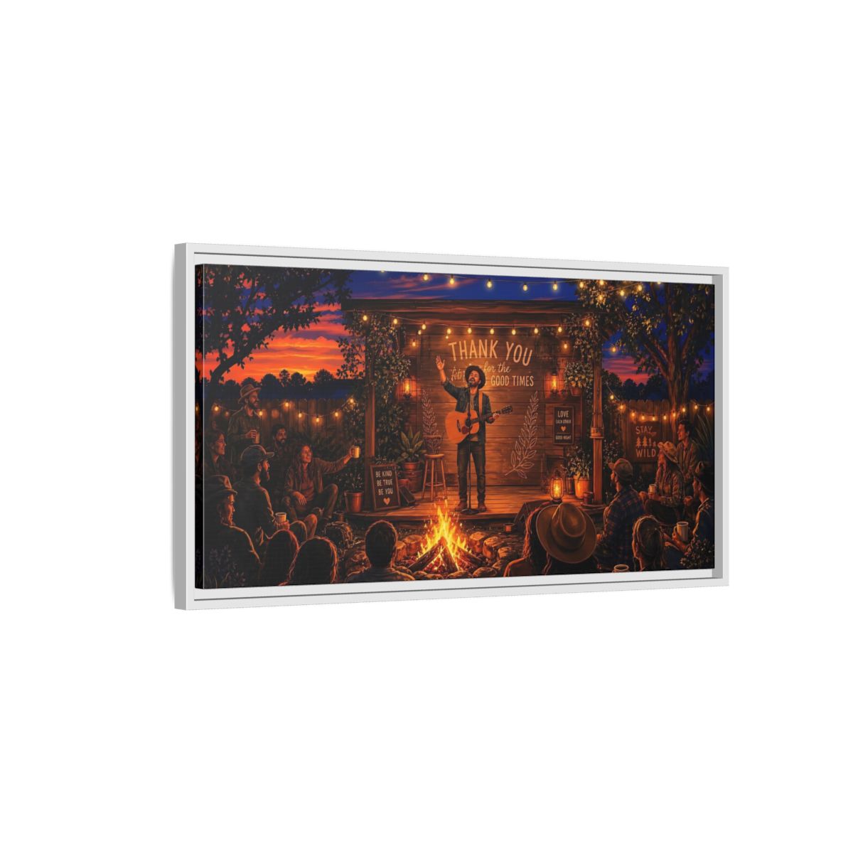 Side Mockup 1. Nature Campfire Concert Rustic Campfire Night shown as framed canvas print