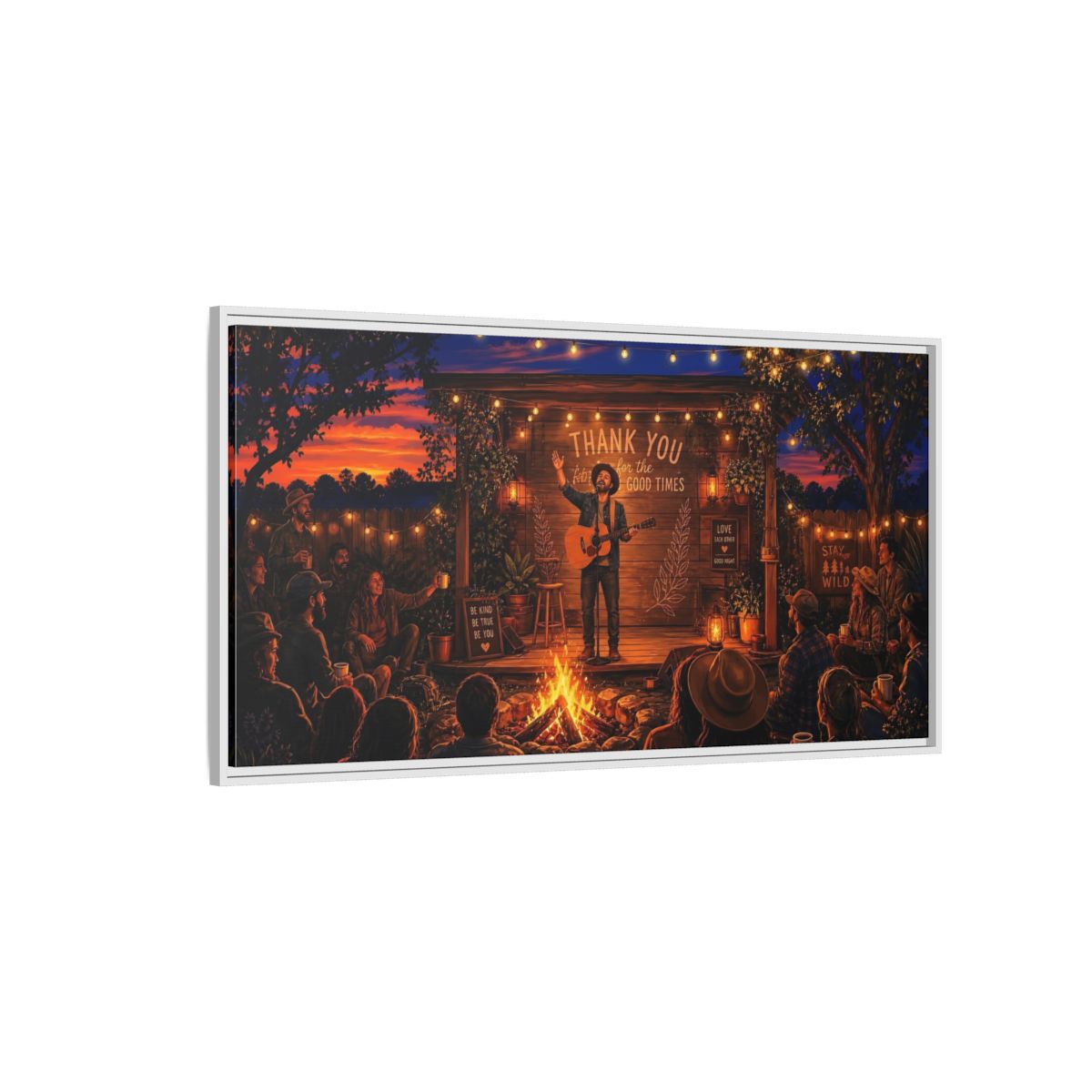 Side Mockup 3. Nature Campfire Concert Rustic Campfire Night shown as framed canvas print