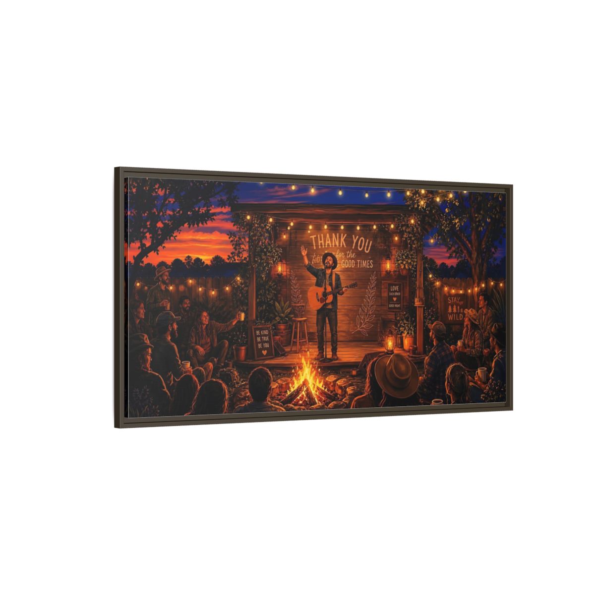 Side Mockup 4. Nature Campfire Concert Rustic Campfire Night shown as framed canvas print