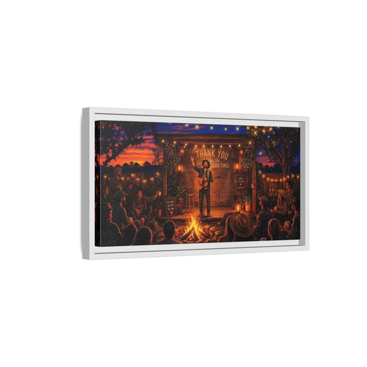 Side Mockup 6. Nature Campfire Concert Rustic Campfire Night shown as framed canvas print