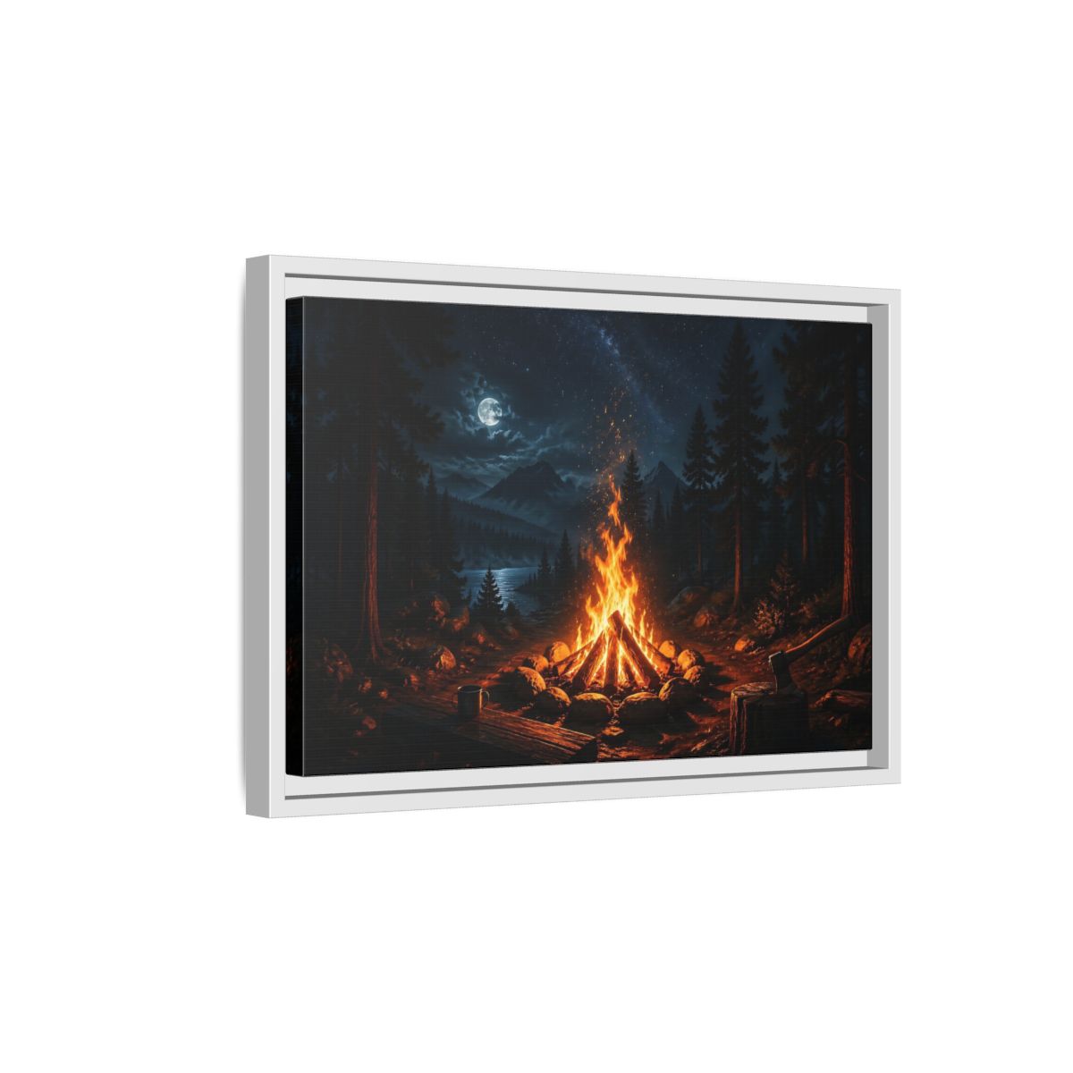 Side Mockup 4. Nature Campfire Campfire Night Scene shown as stretched canvas wall art