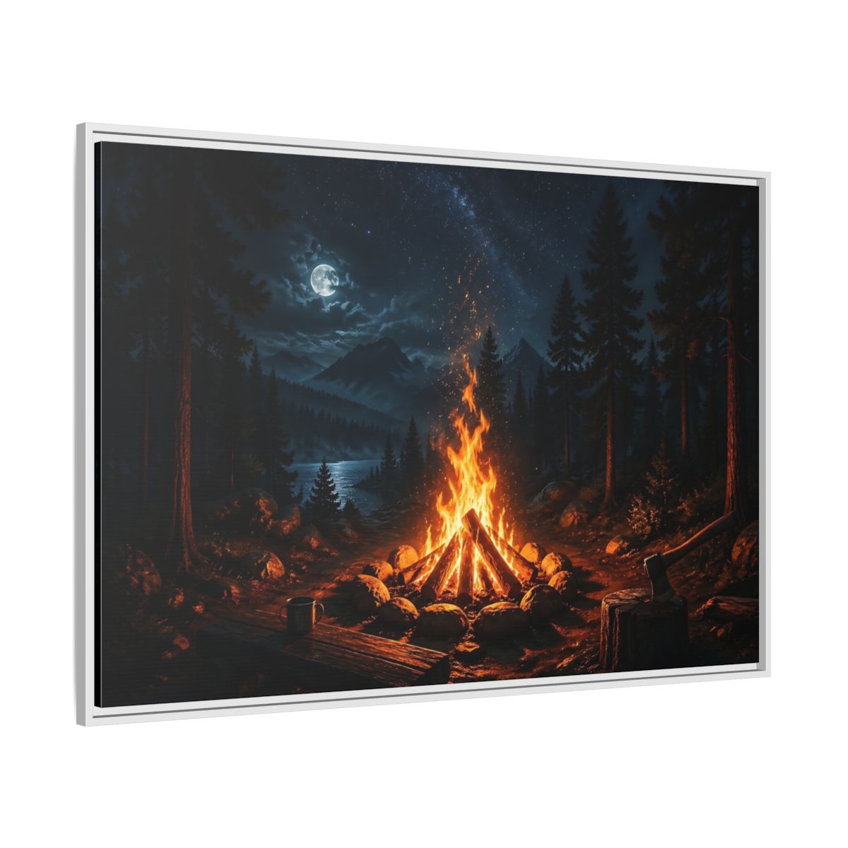 Side Mockup 7. Nature Campfire Campfire Night Scene shown as stretched canvas wall art