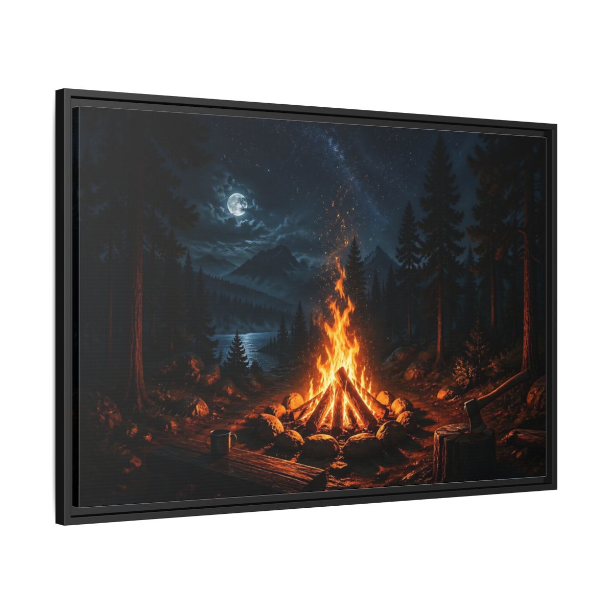 Side Mockup 13. Nature Campfire Campfire Night Scene shown as stretched canvas wall art